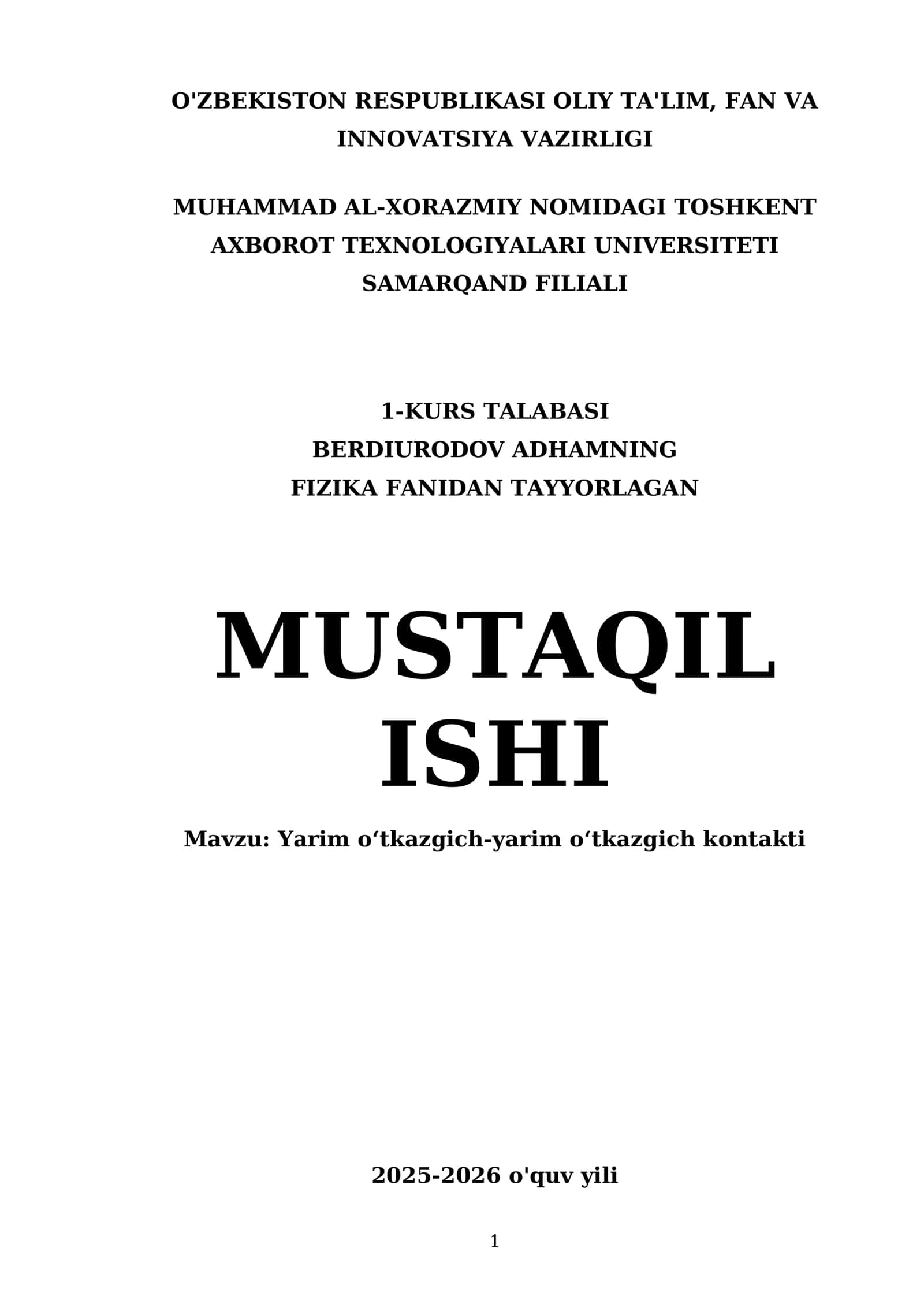 FIZIKA FANIDAN TAYYORLAGAN MUSTAQIL ISHI 1