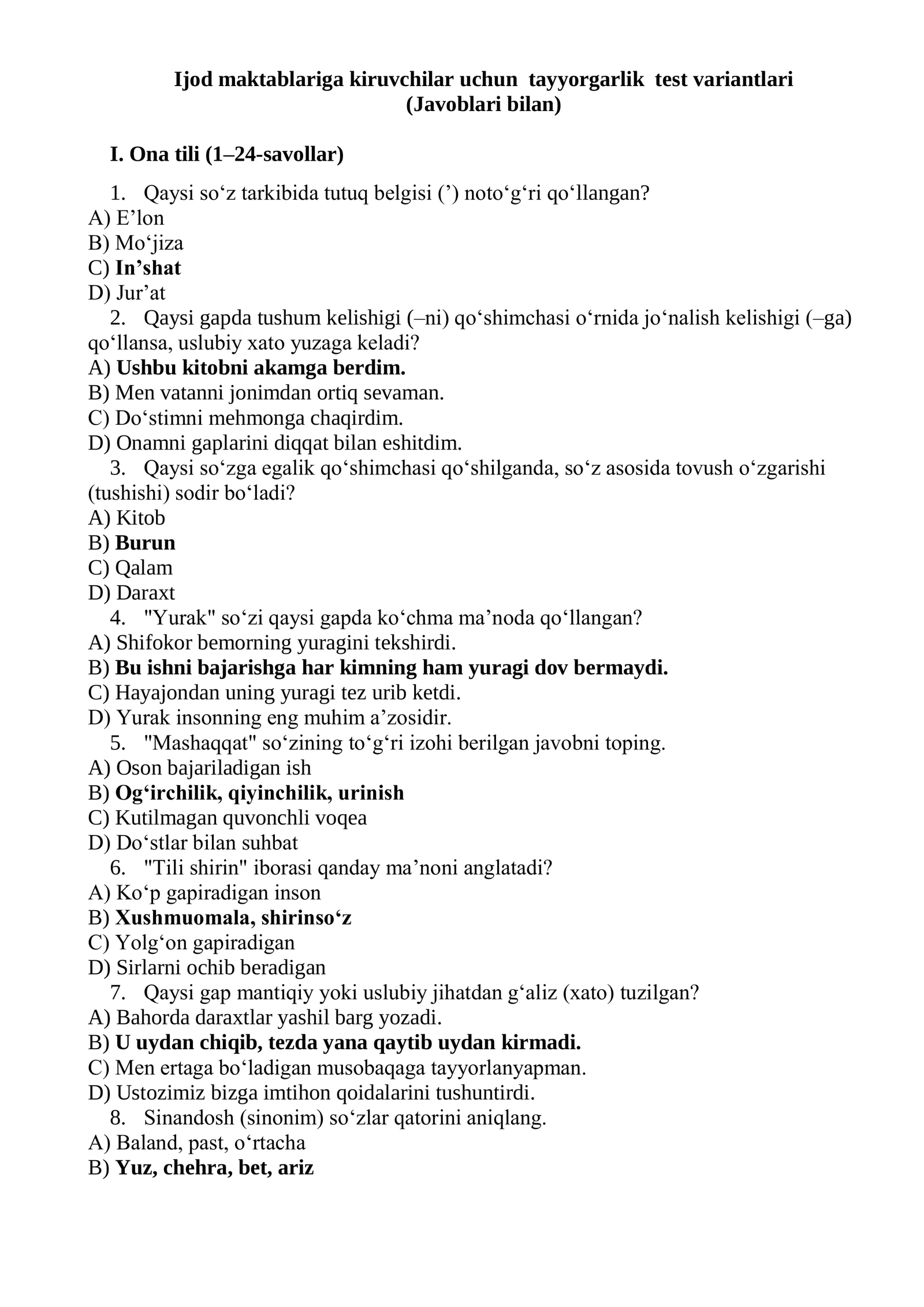 Ijod maktablariga kiruvchilar uchun tayyorgarlik test variantlari (Javoblari bilan) 1