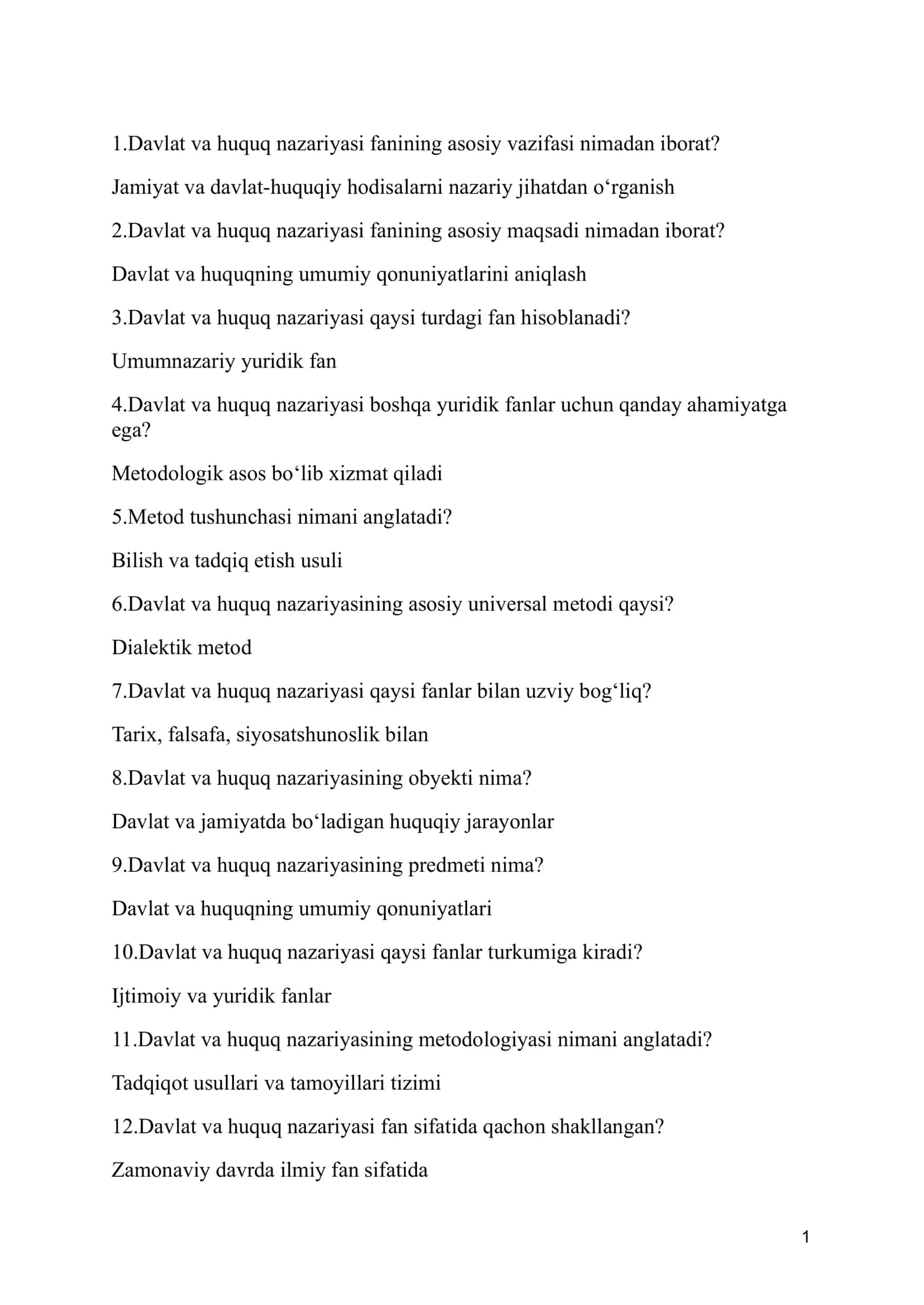 Huquq nazariyasi fanining asosiy savol va javoblar to'plami 1