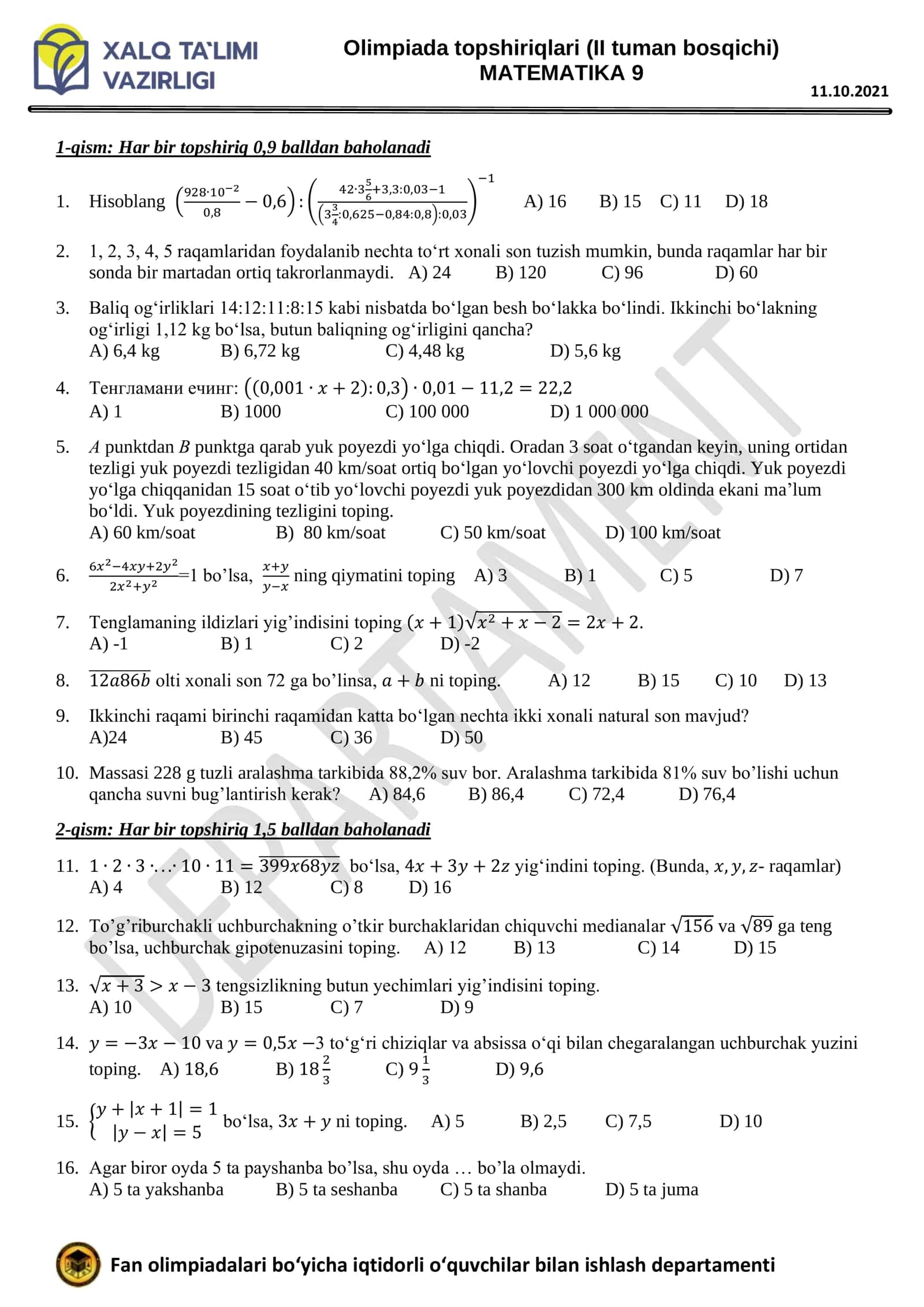 Matematika dan tuman Olimpiada savollari 1