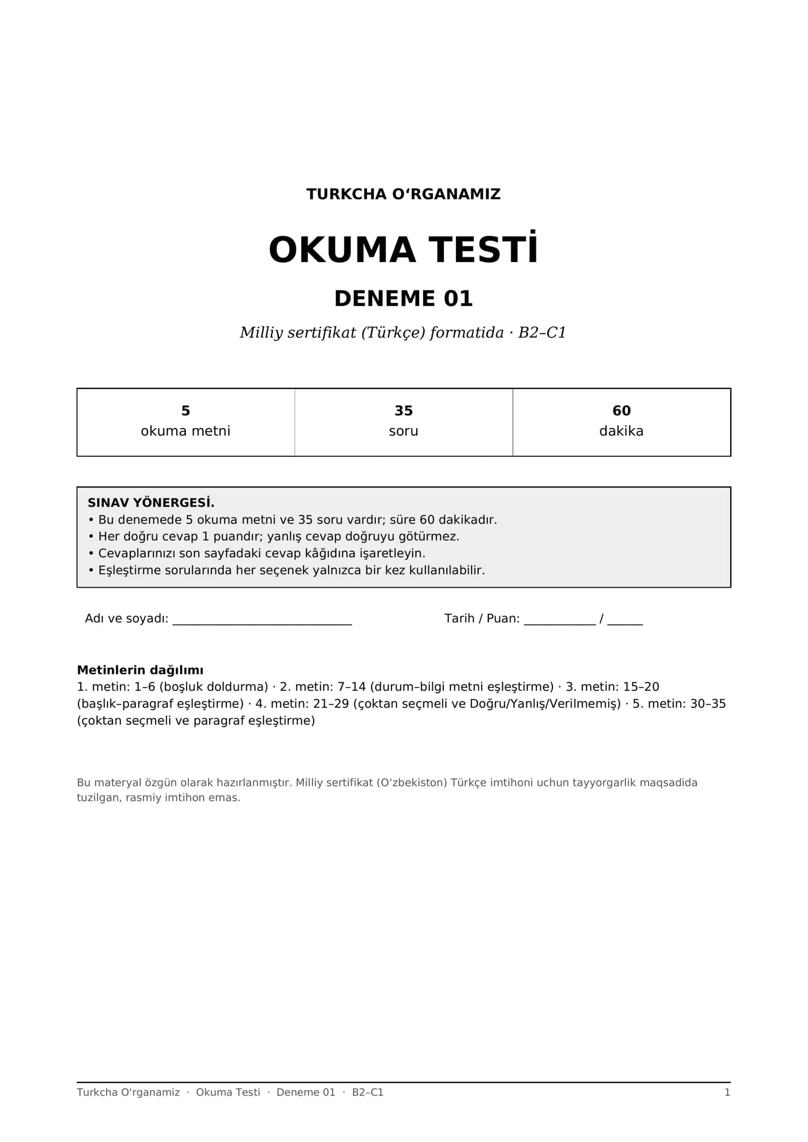 Turk tili Okuma testlari 10 ta deneme B2-C1 (Milliy sertifikat formati, javoblar bilan) 1