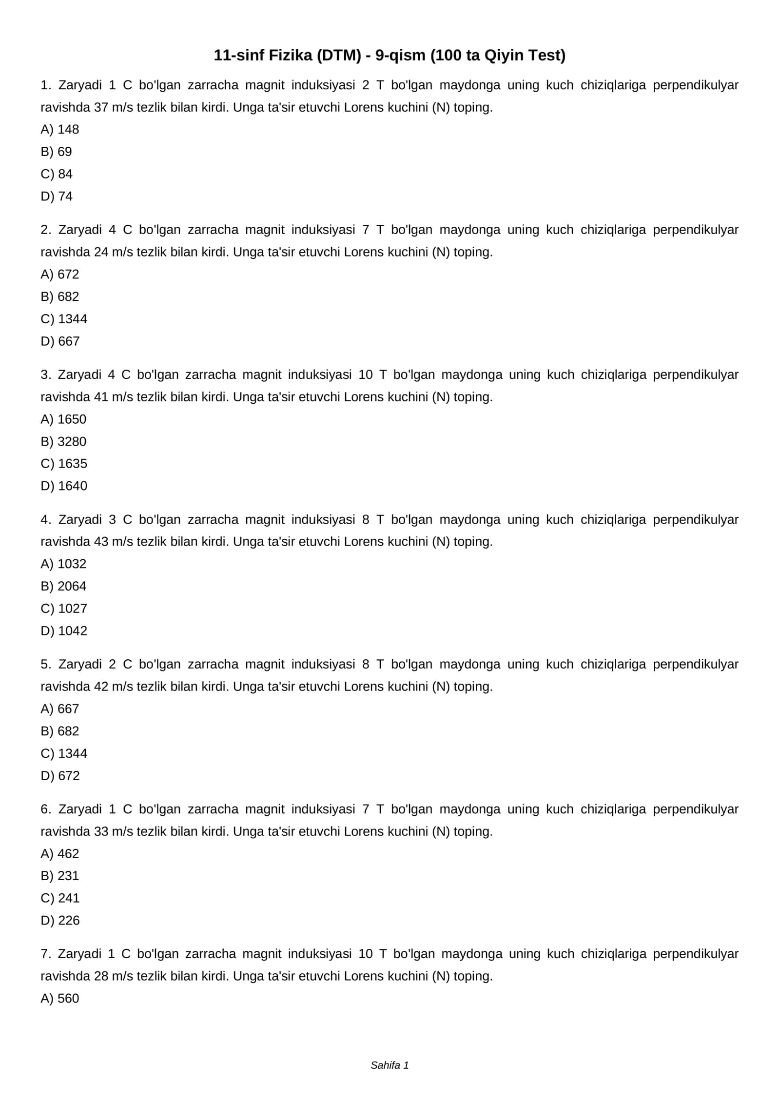 11-sinf Fizika (DTM) - 9-qism (100 ta Qiyin Test) 1