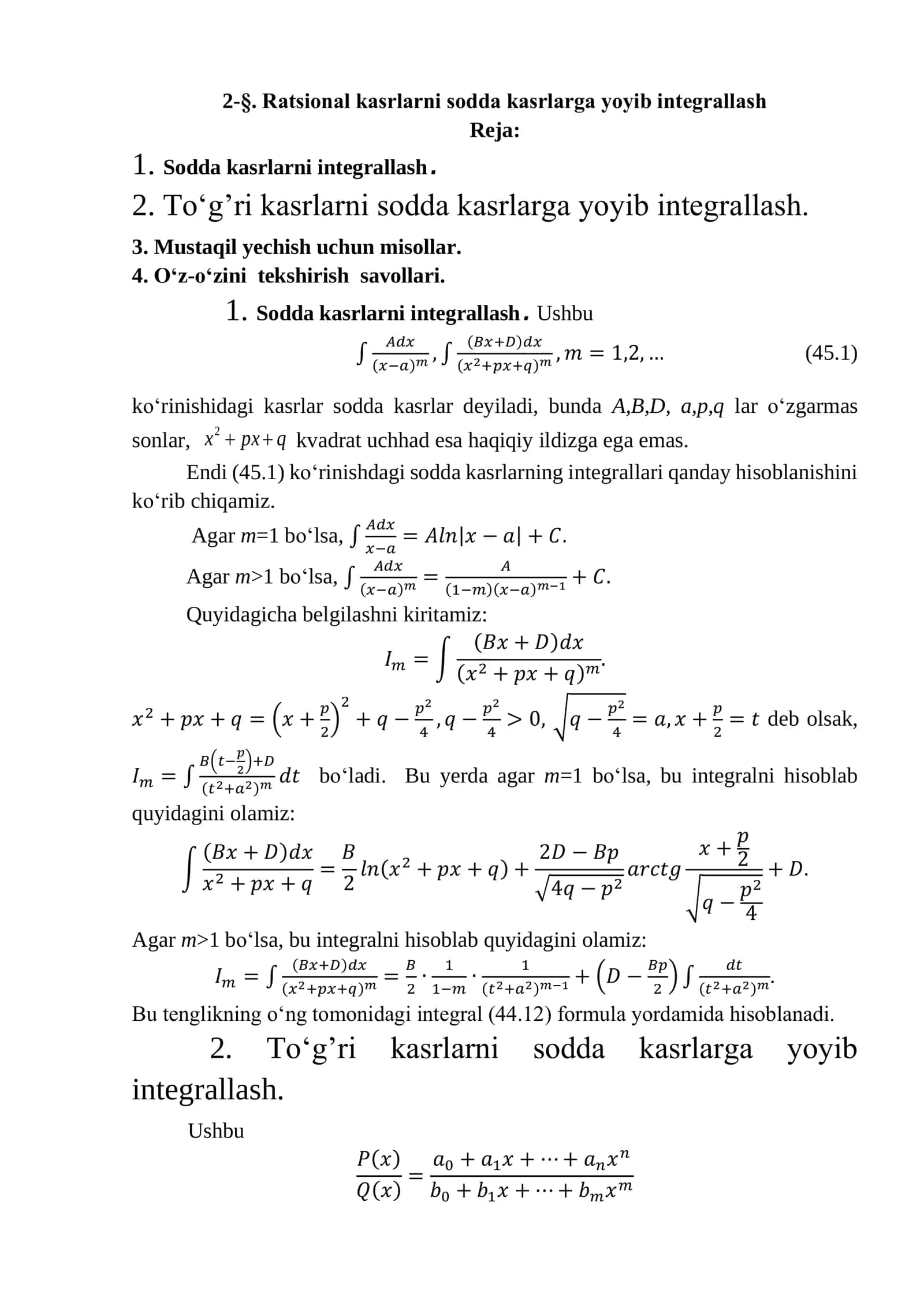 Sodda kasrlarni integrallash 1