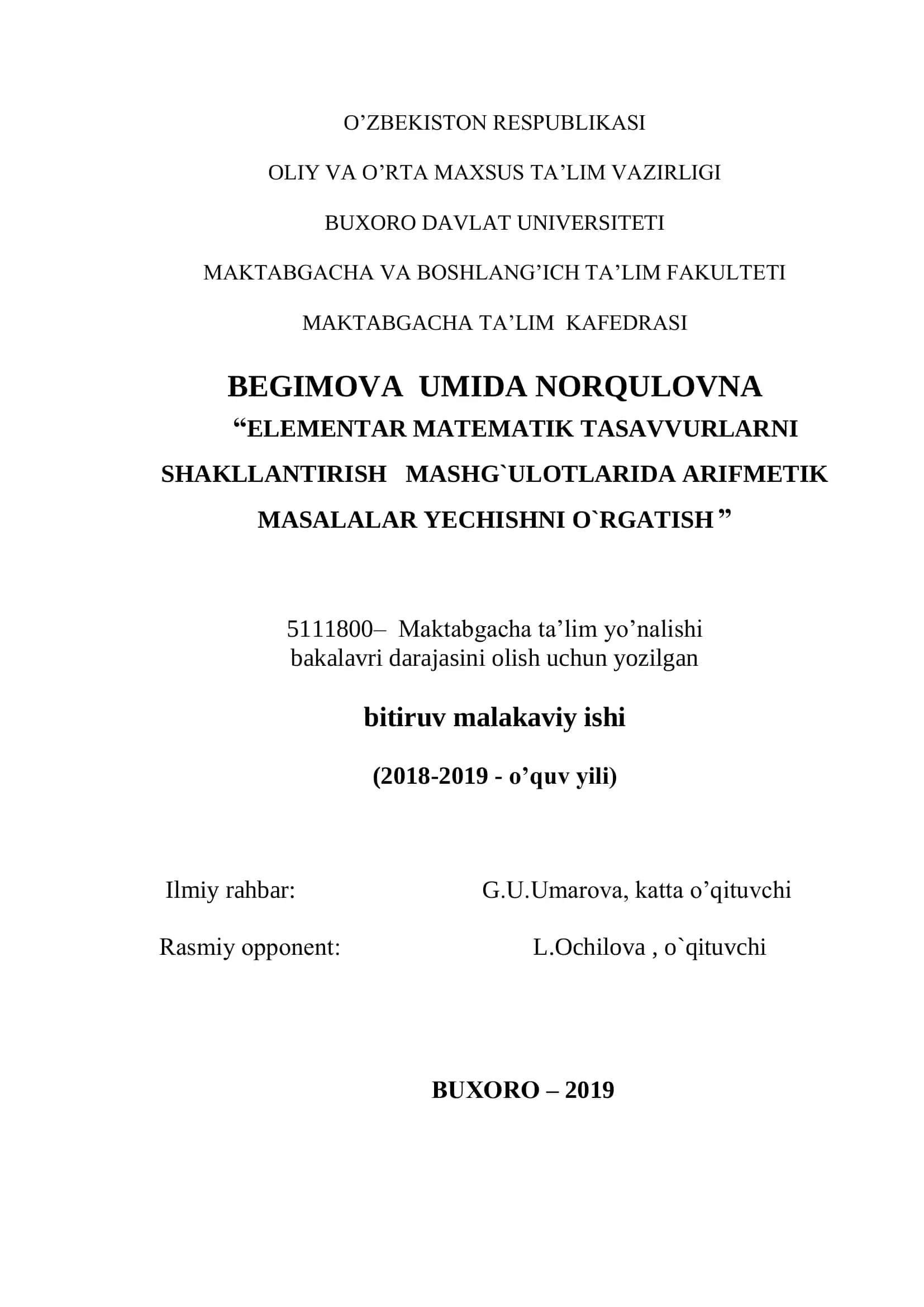 ELEMENTAR MATEMATIK TASAVVURLARNI SHAKLLANTIRISH MASHG`ULOTLARIDA ARIFMETIK MASALALAR YECHISHNI O`RGATISH 1