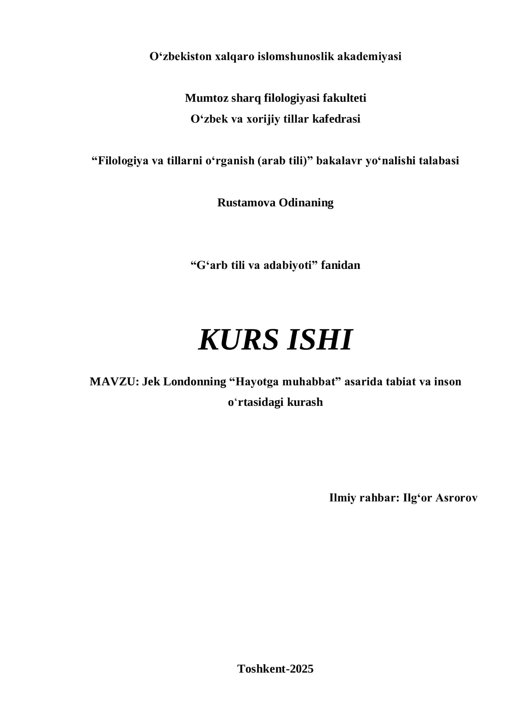 Filologiya va tillarni o‘rganish (arab tili) kurs ishi 1