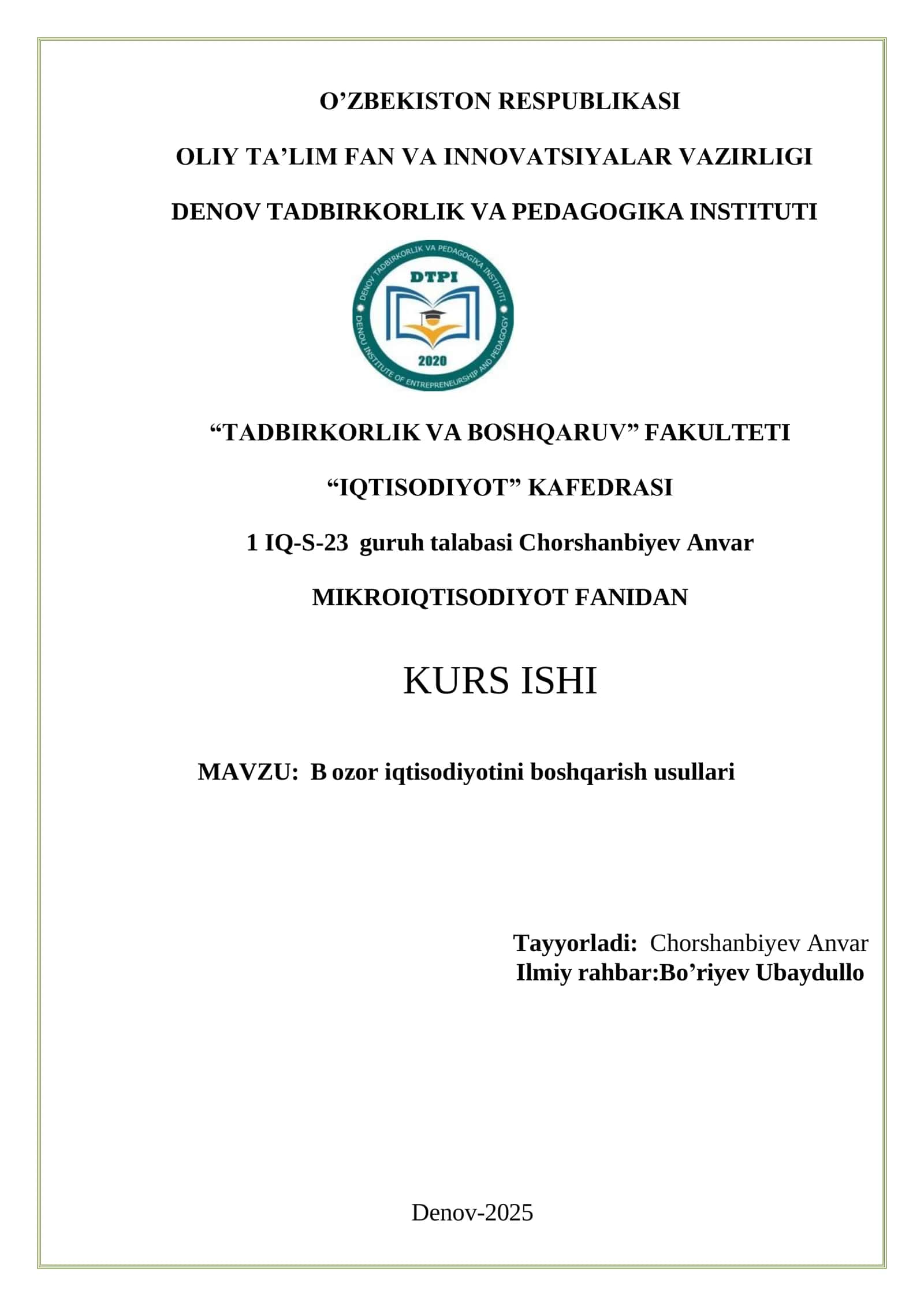 Bozor iqtisodiyotini boshqarish usullariKURS ISHI 1