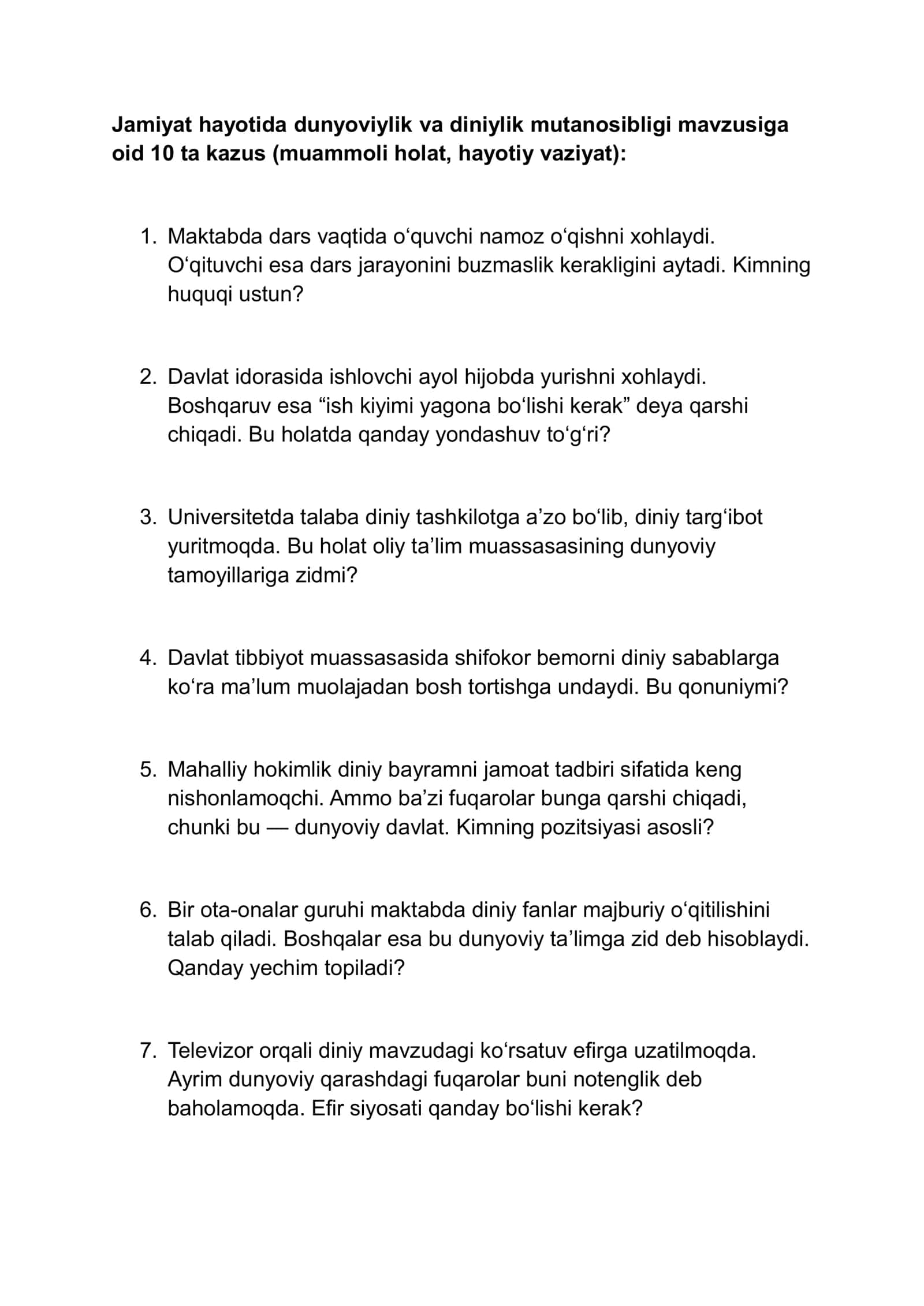 Jamiyat hayotida dunyoviylik va diniylik mutanosibligi mavzusiga oid 10 ta kazus 1