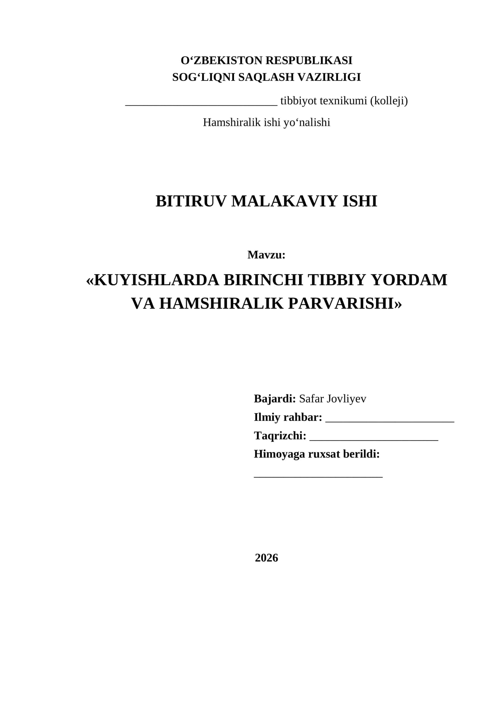 KUYISHLARDA BIRINCHI TIBBIY YORDAM VA HAMSHIRALIK PARVARISHI 1