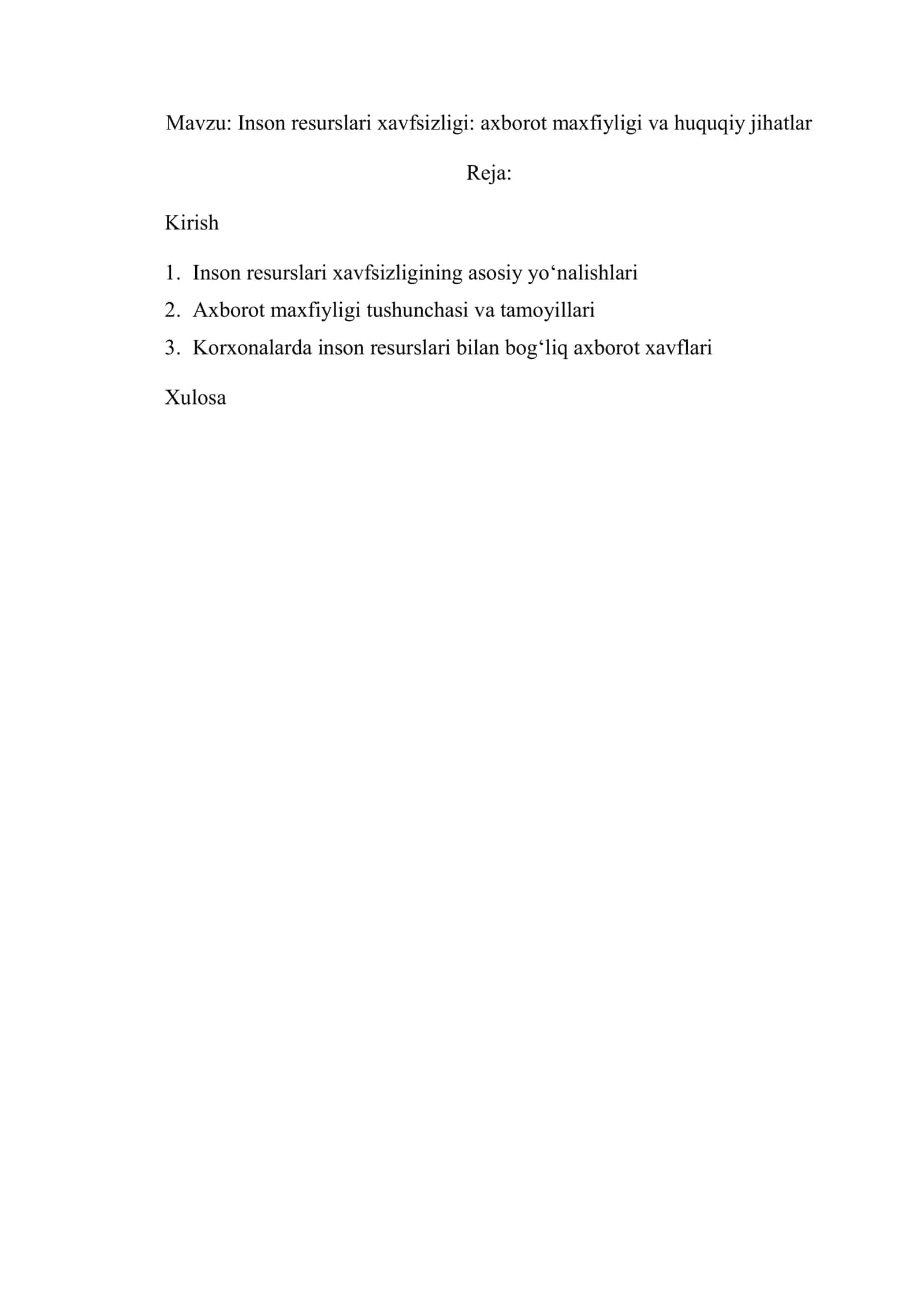 Inson resurslari xavfsizligi: axborot maxfiyligi va huquqiy jihatlar 1