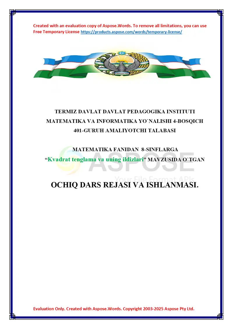 Dars ishlanma MATEMATIKA Kvadrat tenglama 1