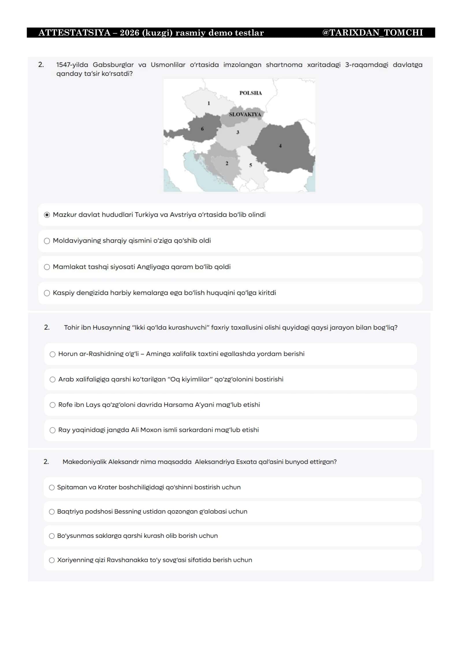TARIX ATTESTATSIYA – 2026 (kuzgi) rasmiy demo testlar 1