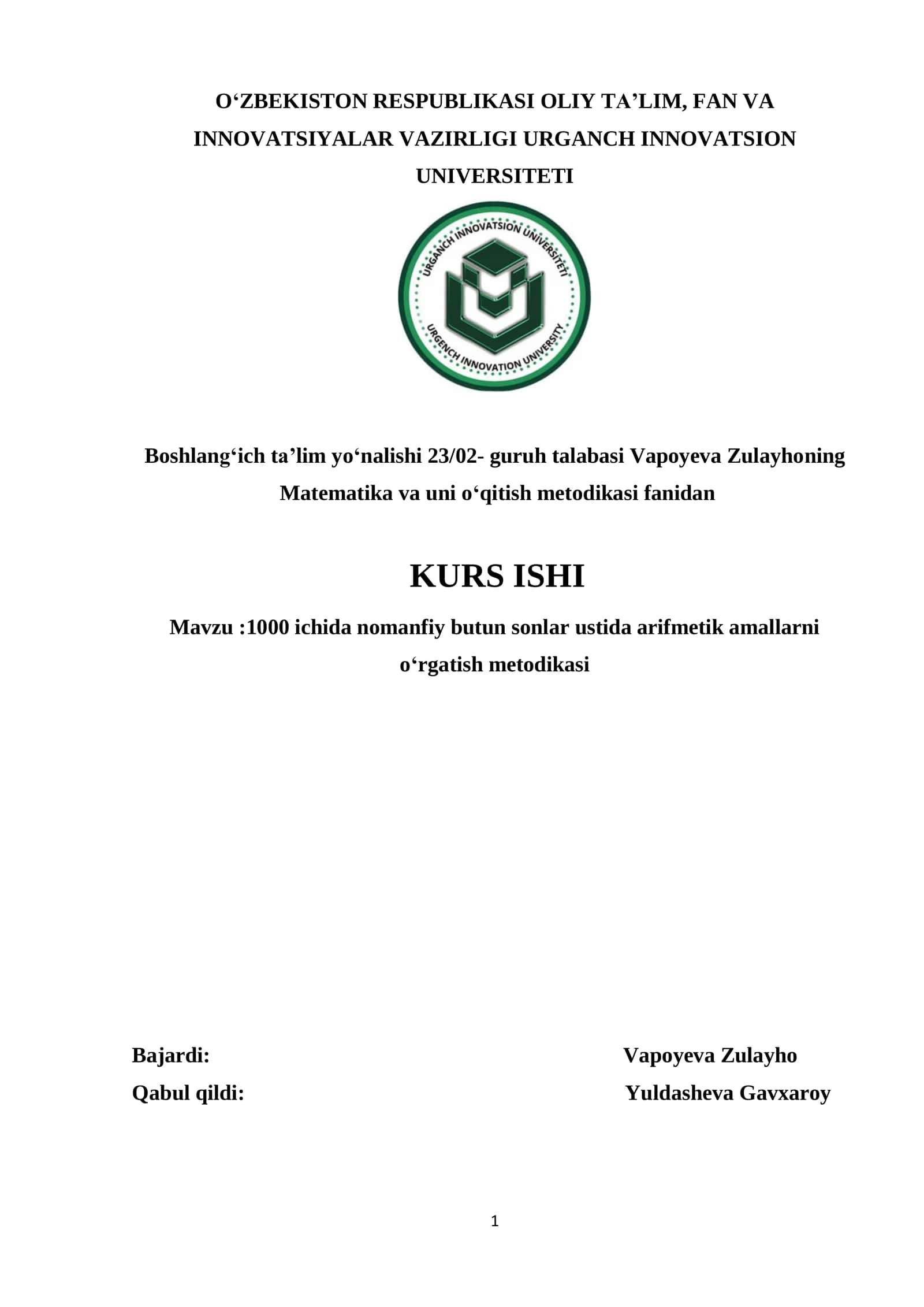 1000 ichida nomanfiy butun sonlar ustida arifmetik amallarni oʻrgatish metodikasi 1
