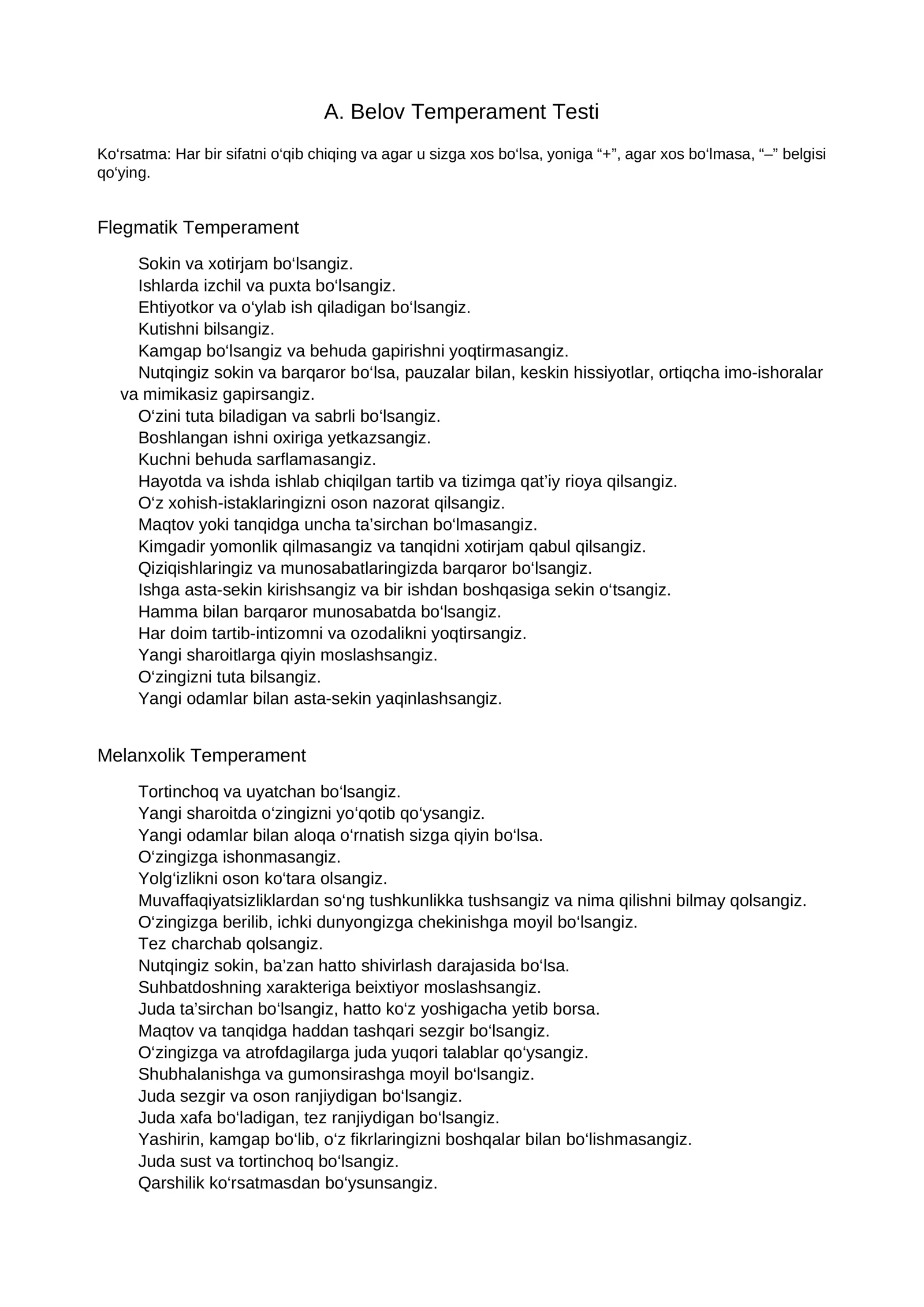 A. Belov Temperament Testi 1