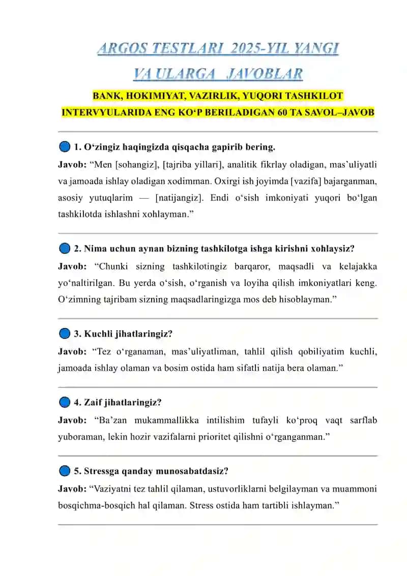 ARGOS TESTLARI 2025-YIL YANGI VA ULARGA JAVOBLAR