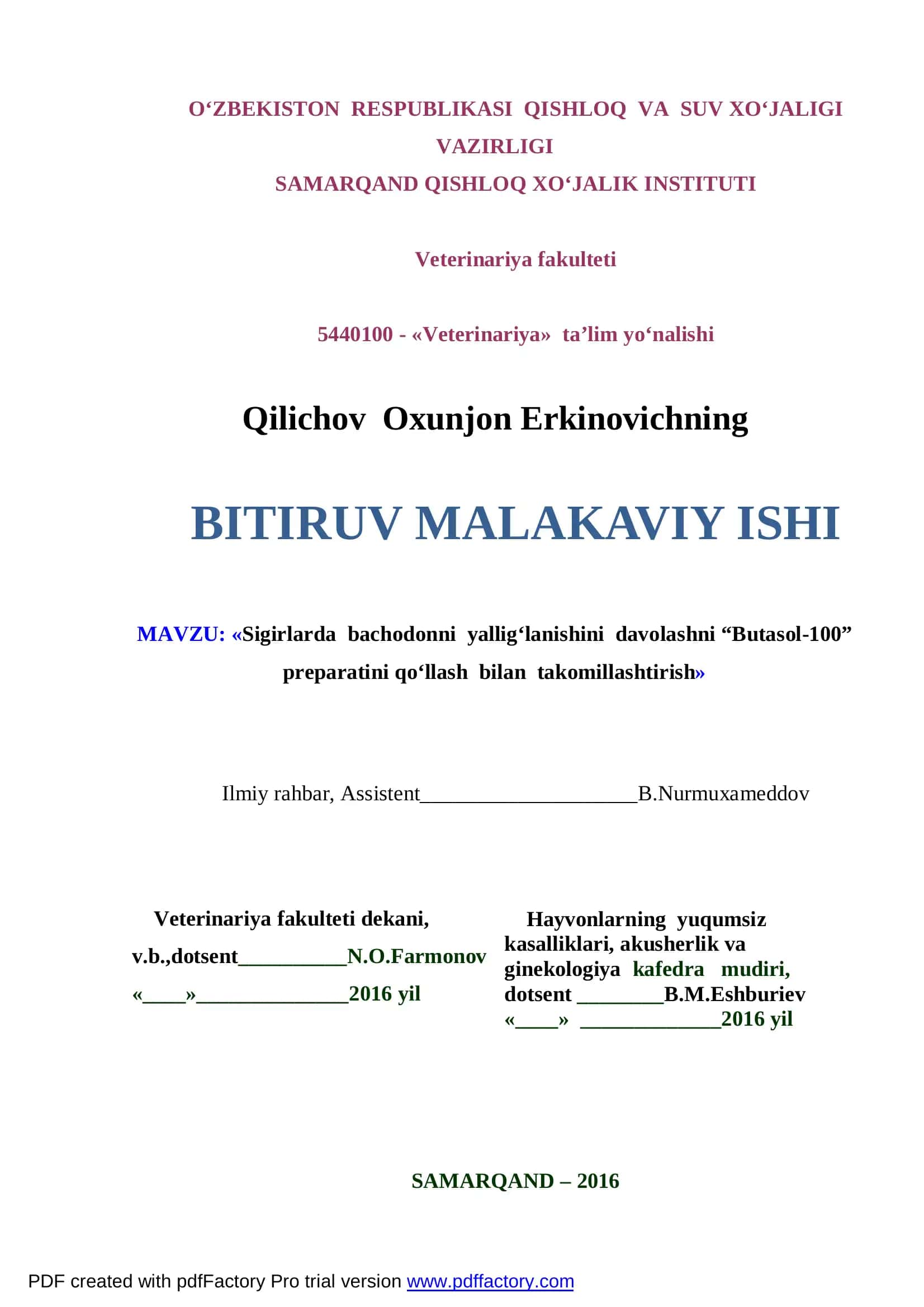 «Sigirlarda bachodonni yallig‘lanishini davolashni “Butasol-100” preparatini qo‘llash bilan takomillashtirish» 1