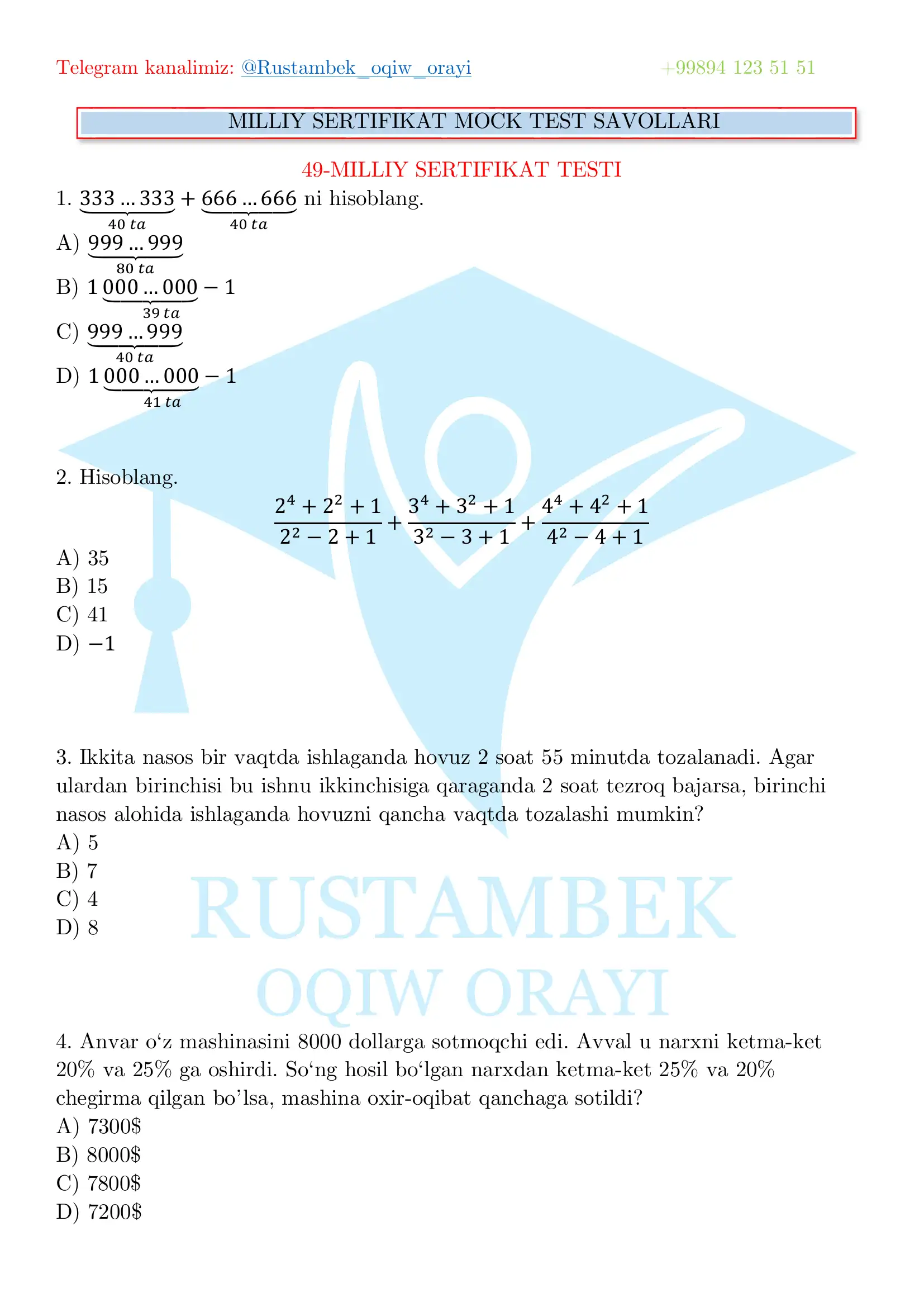 MILLIY SERTIFIKAT MOCK TEST SAVOLLARI 1