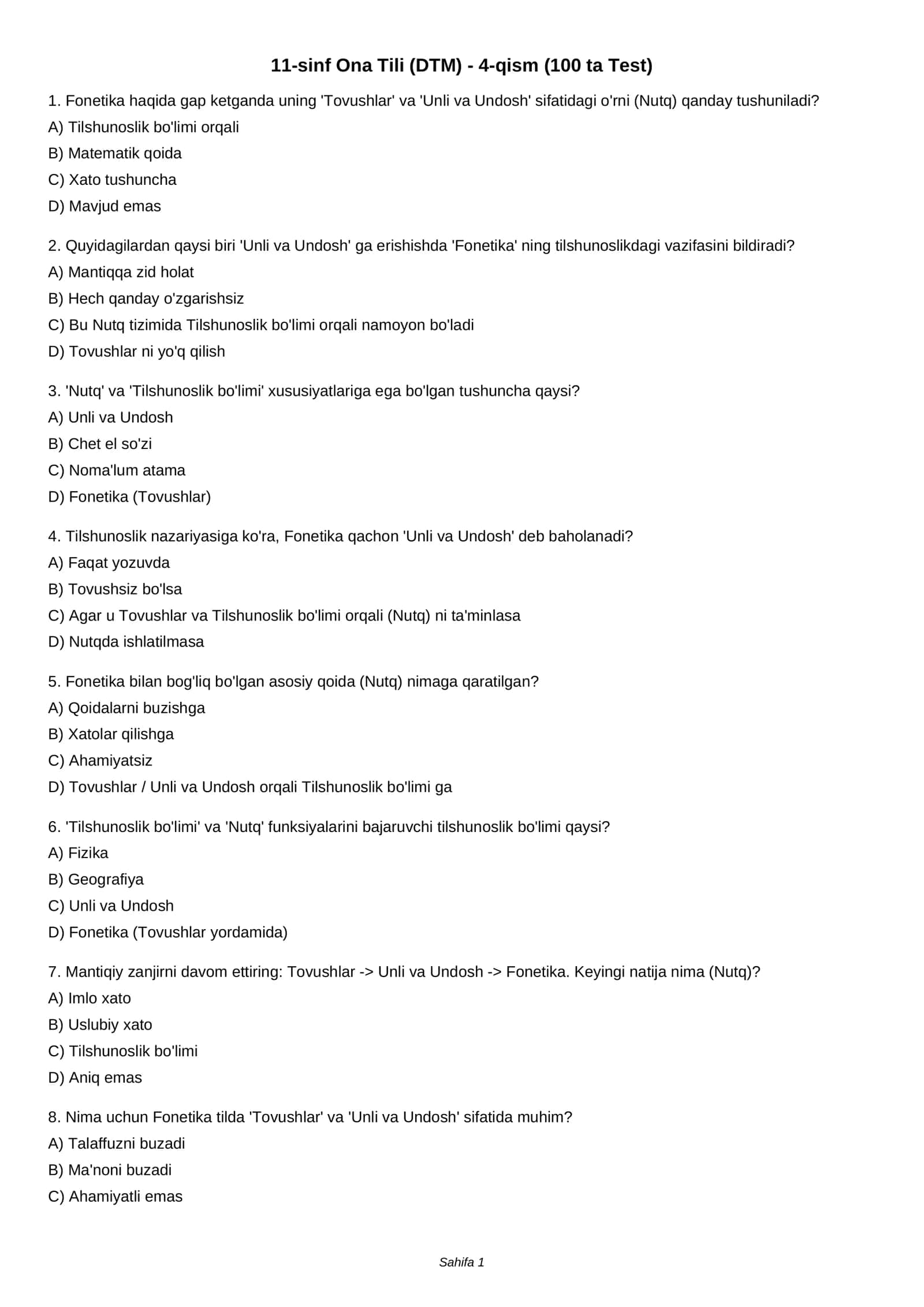 11-sinf Ona Tili (DTM) - 4-qism (100 ta Test) 1