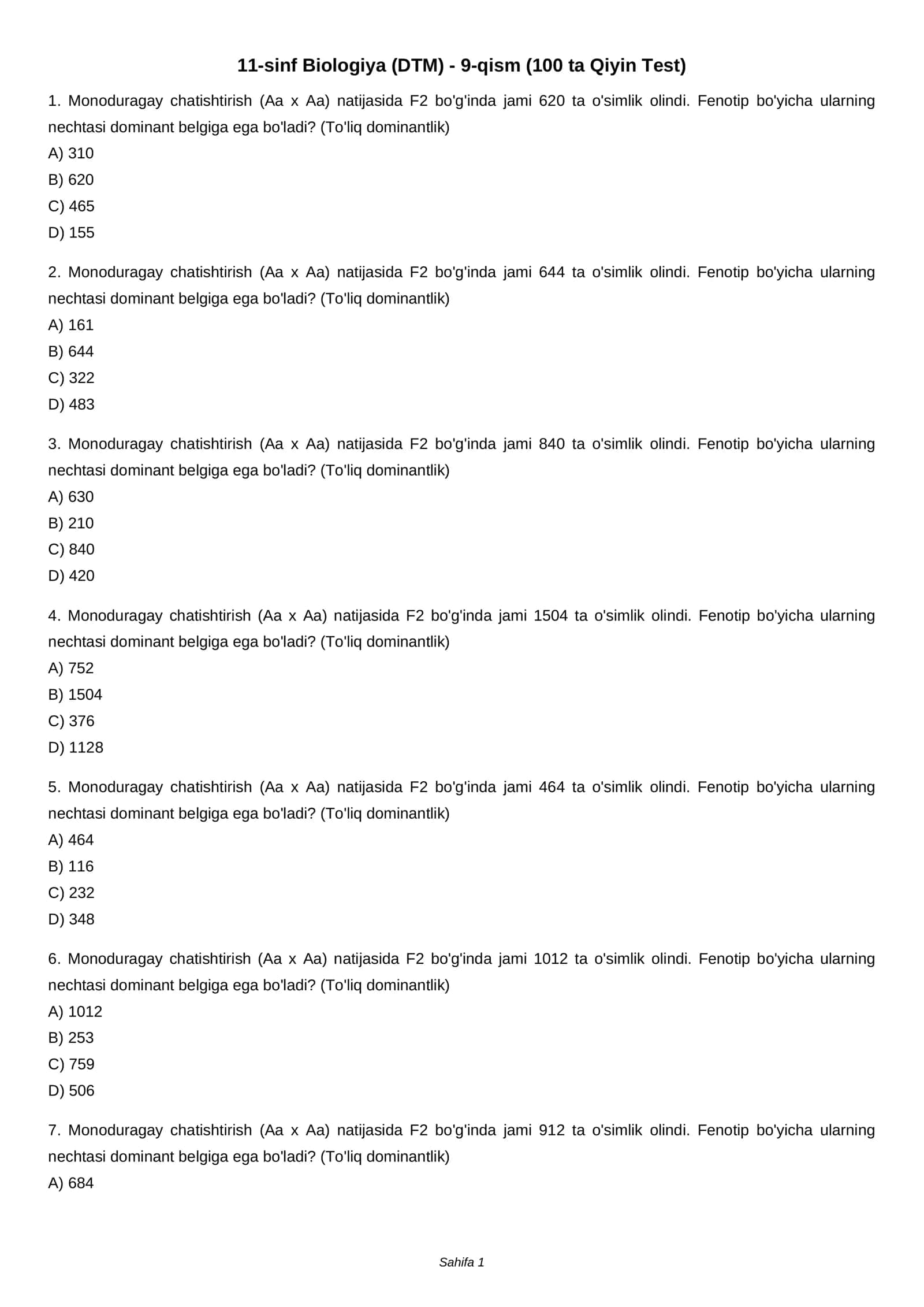 11-sinf Biologiya (DTM) - 9-qism (100 ta Qiyin Test) 1