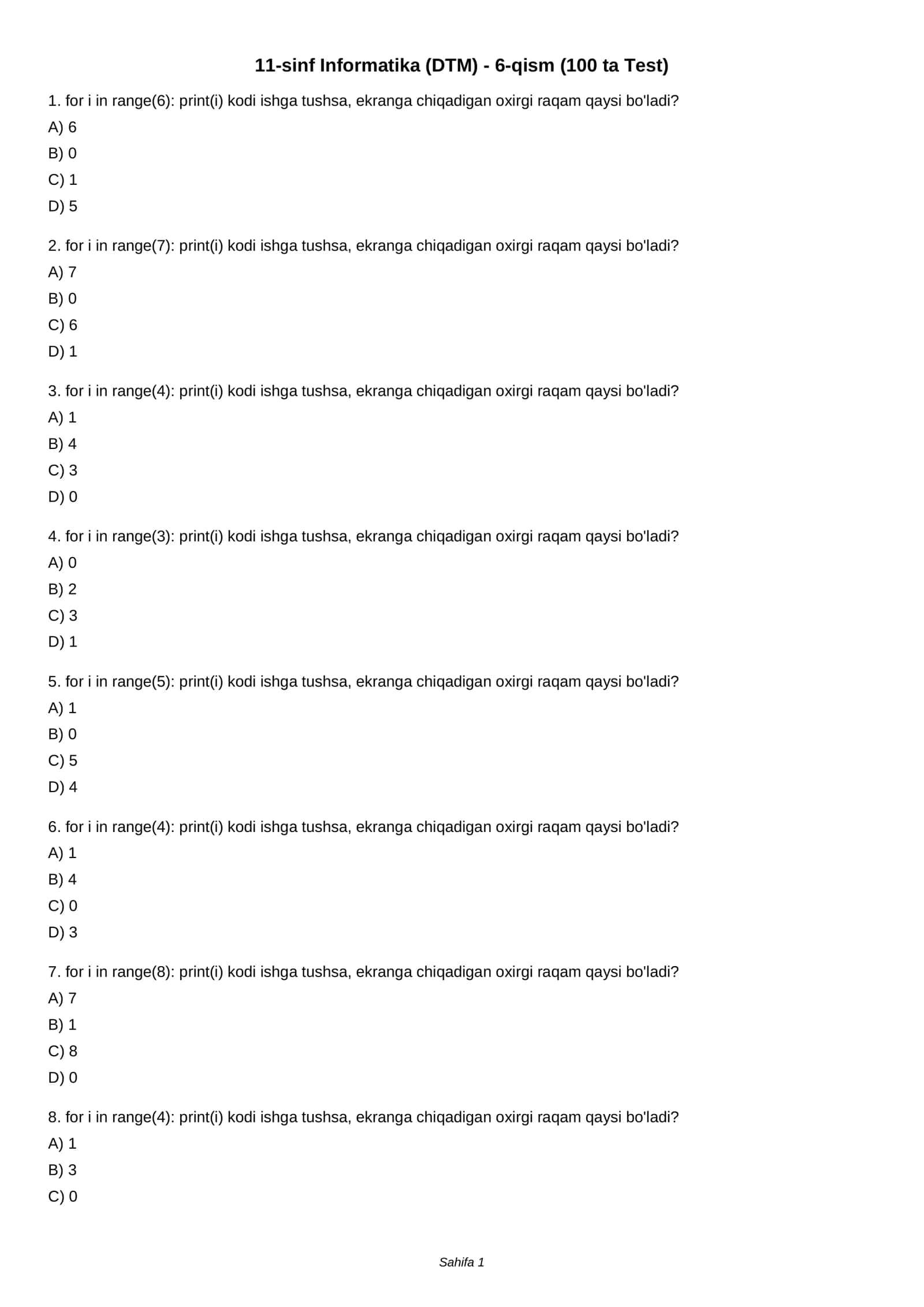 11-sinf Informatika (DTM) - 6-qism (100 ta Test) 1