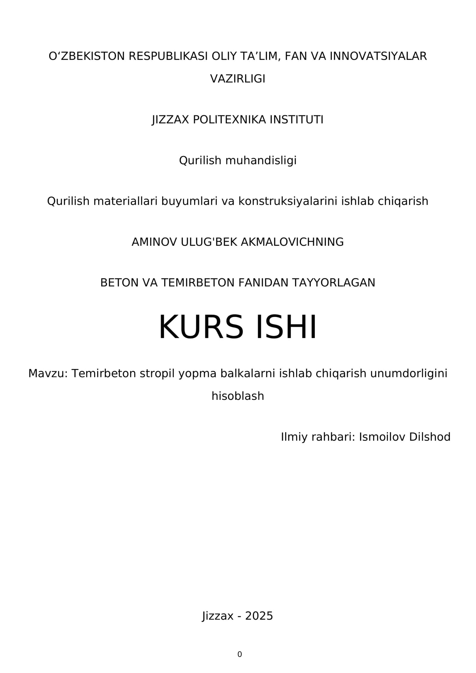 Temirbeton stropil yopma balkalarni ishlab chiqarish unumdorligini hisoblash 1