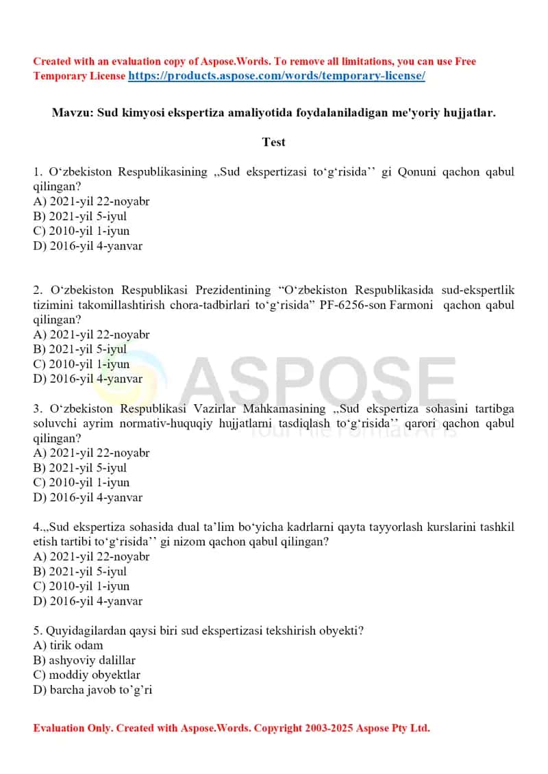 1. Sud kimyosi ekspertiza amaliyotida foydalaniladigan me'yoriy hujjatlar. Test 20 ta 1