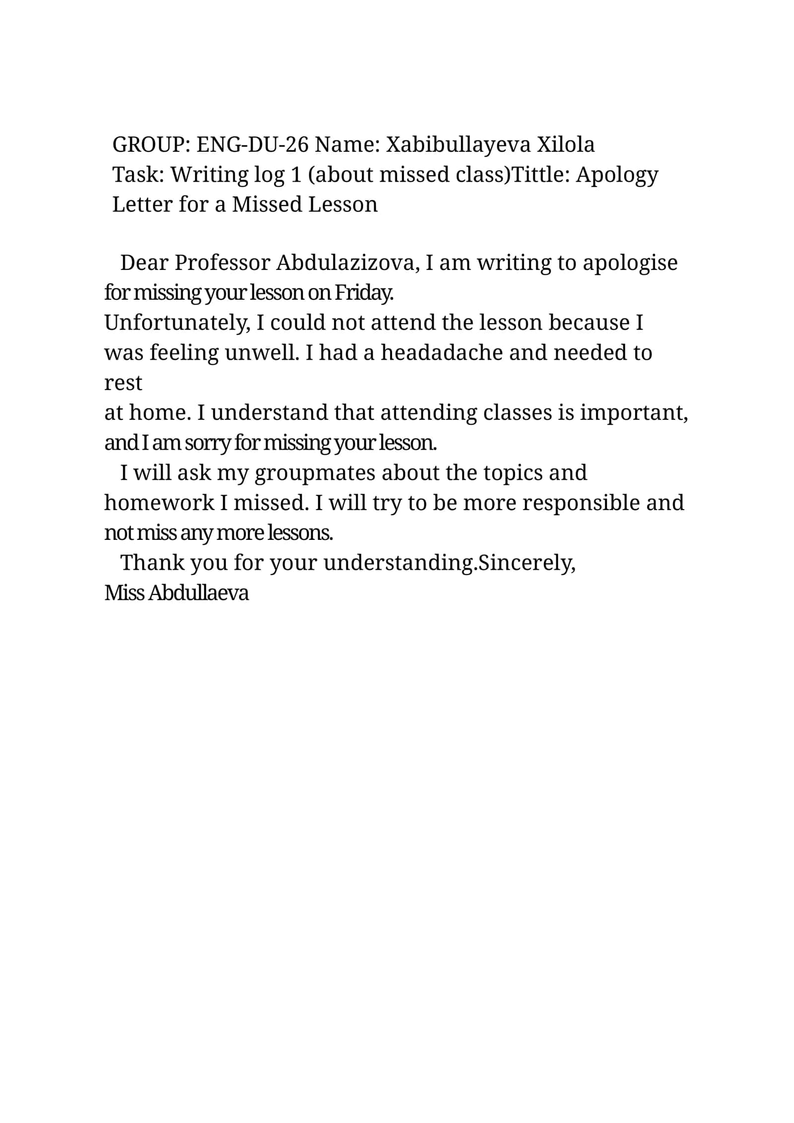 Apology Letter for a Missed Lesson 1