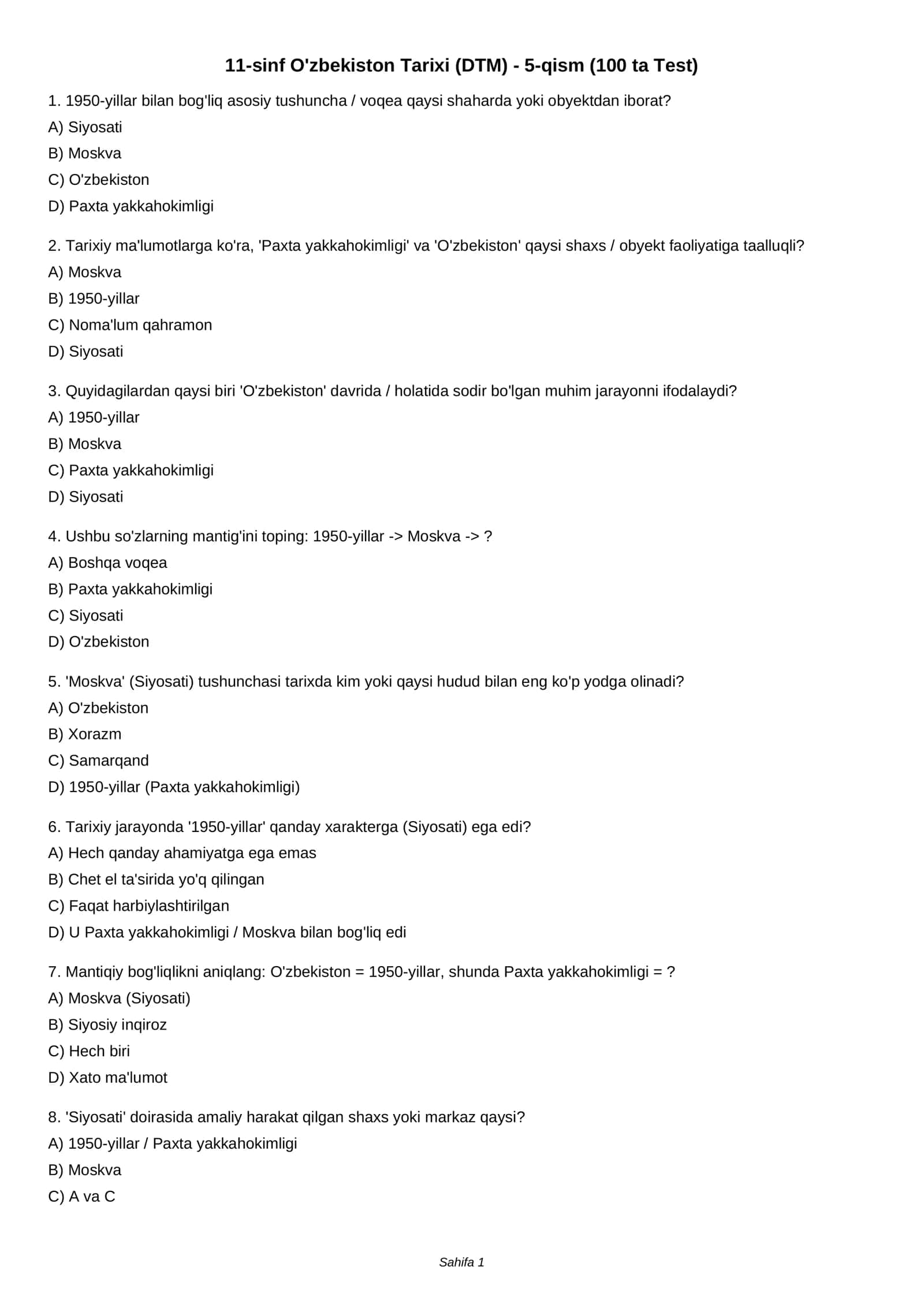 11-sinf O'zbekiston Tarixi (DTM) - 5-qism (100 ta Test) 1