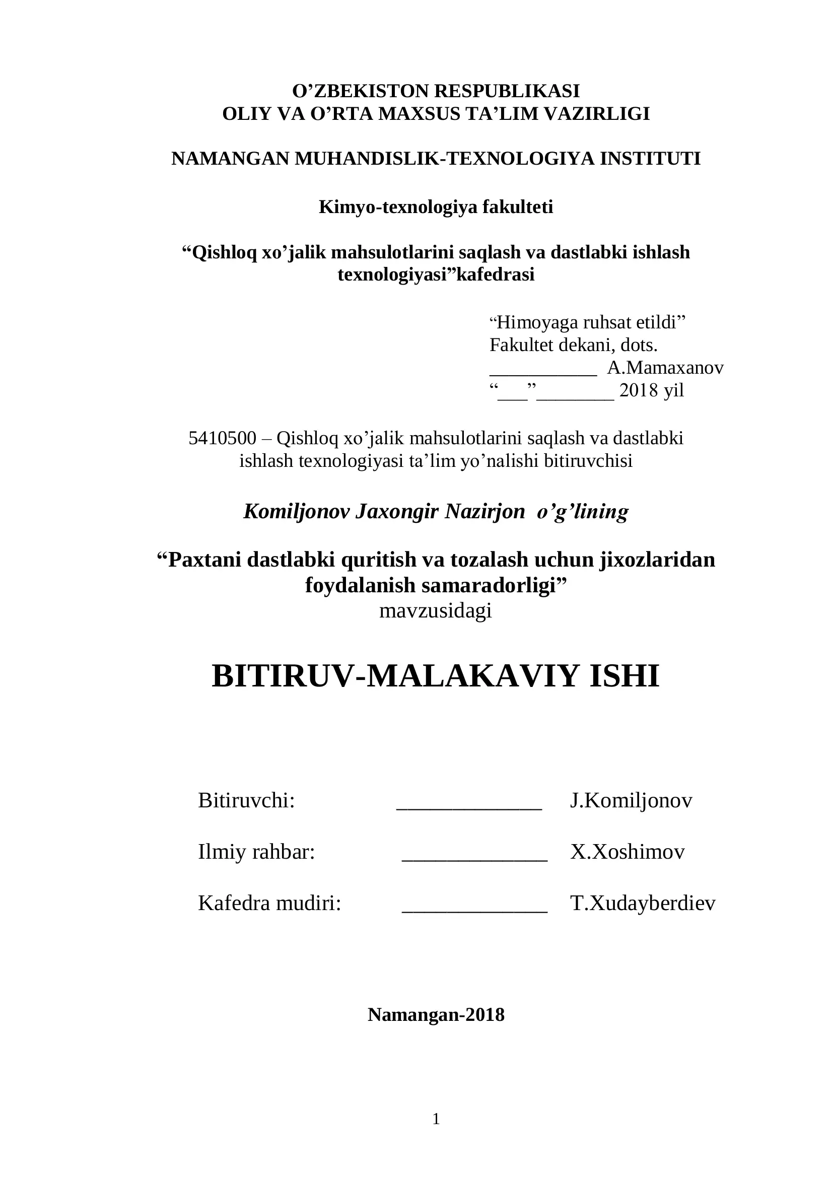Qishloq xo'jalik mahsulotlarini saqlash va dastlabki ishlash texnologiyasi 1