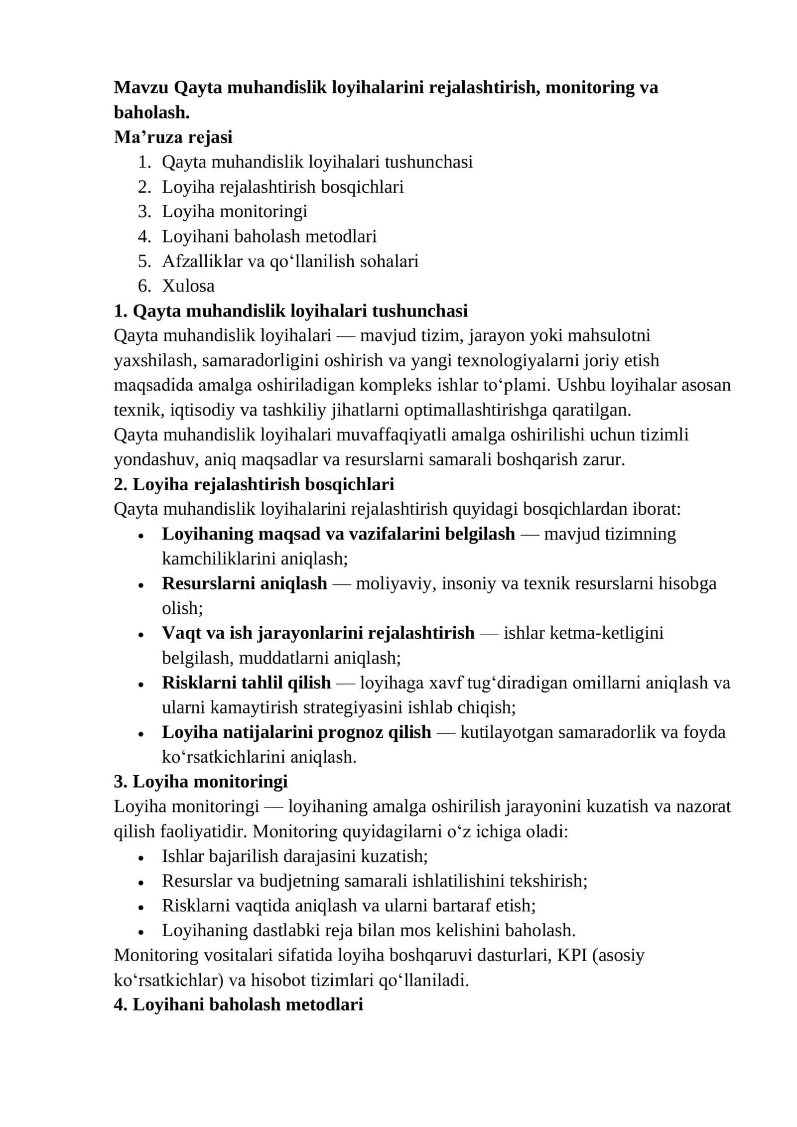 Qayta muhandislik loyihalarini rejalashtirish, monitoring va baholash 1