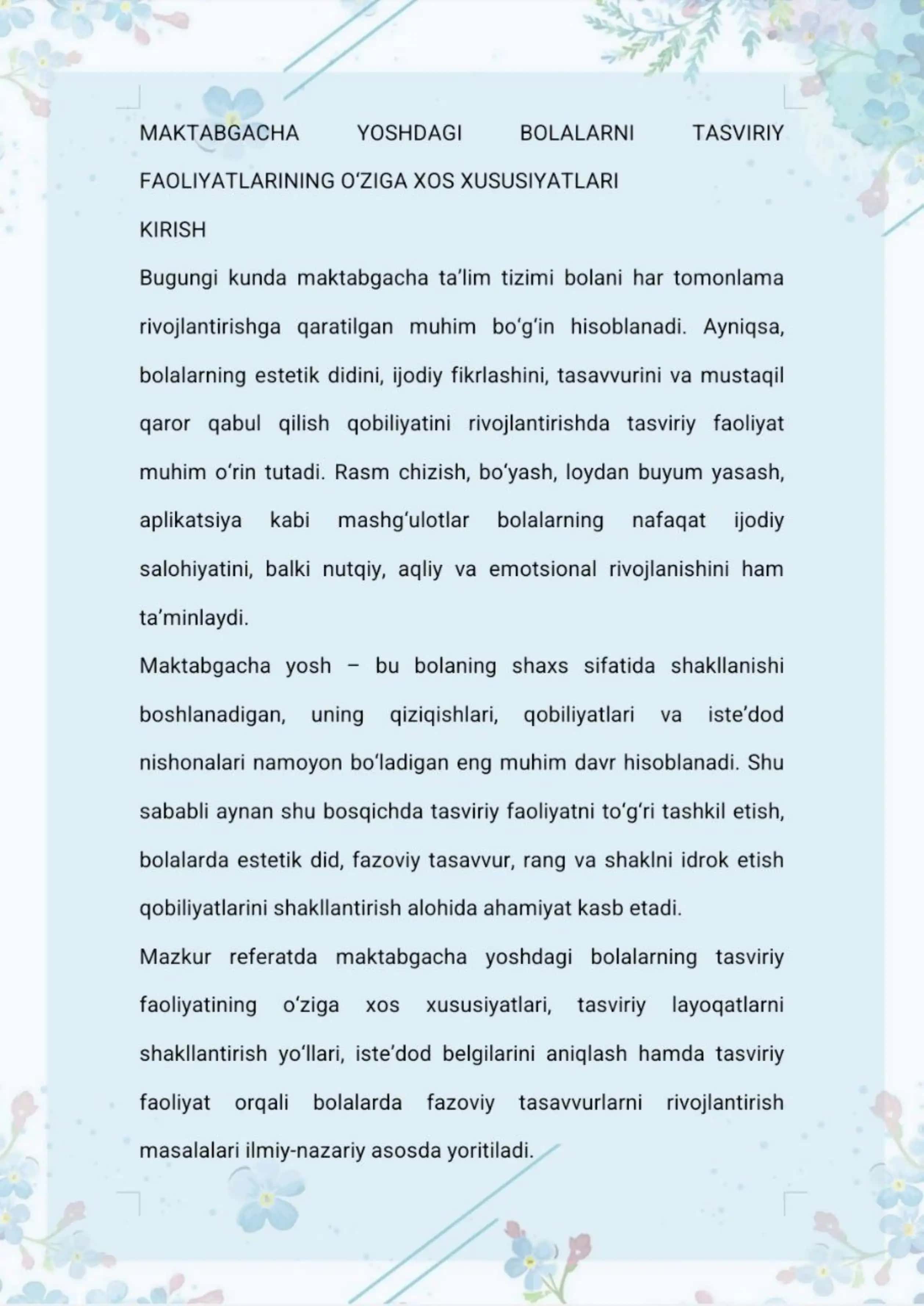 MAKTABGACHA  YOSHDAGI  BOLALARNI  TASVIRIY  FAOLIYATLARINING O'ZIGA XOS XUSUSIYATLARI 1