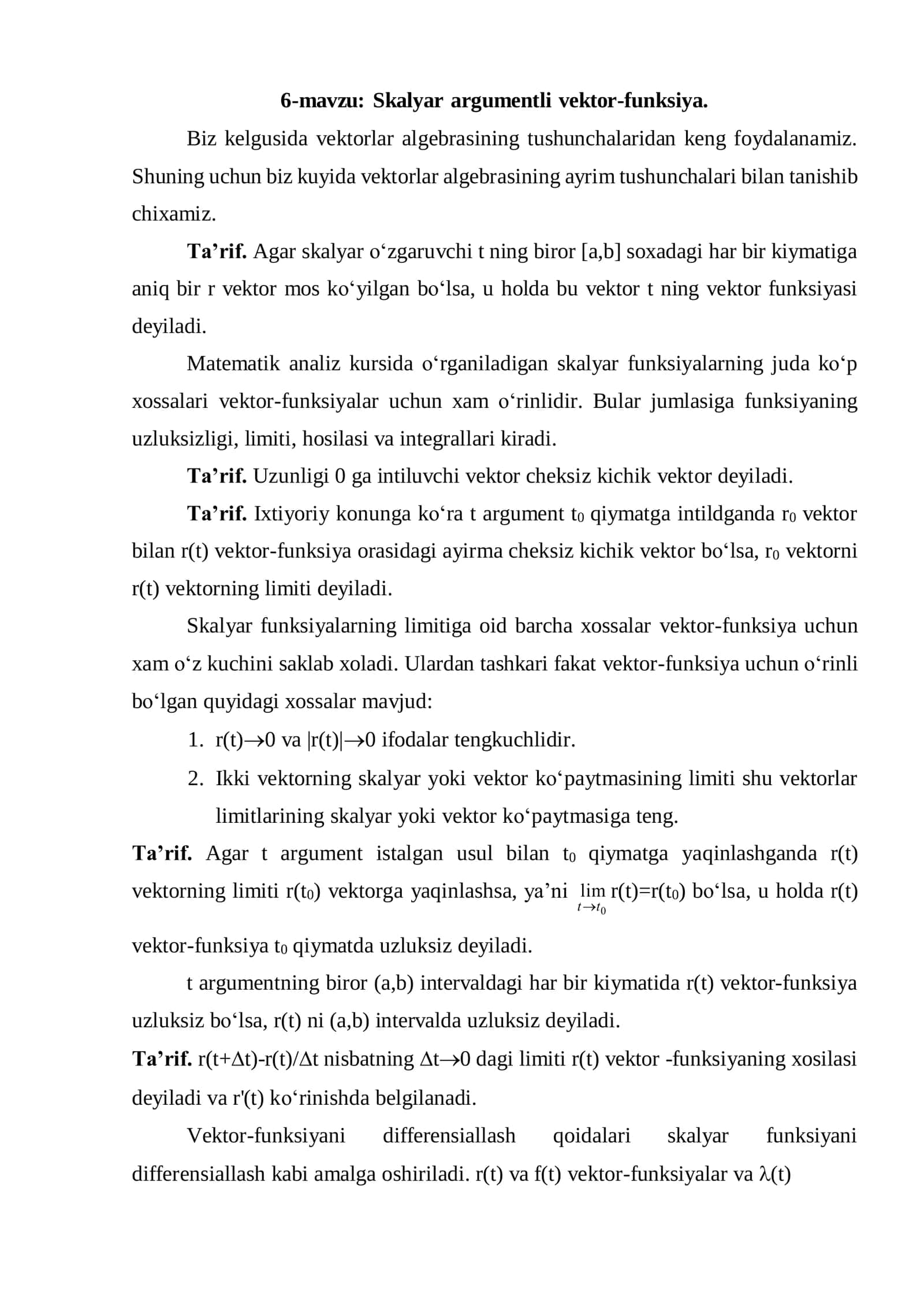 Skalyar argumentli vektor-funksiya 1