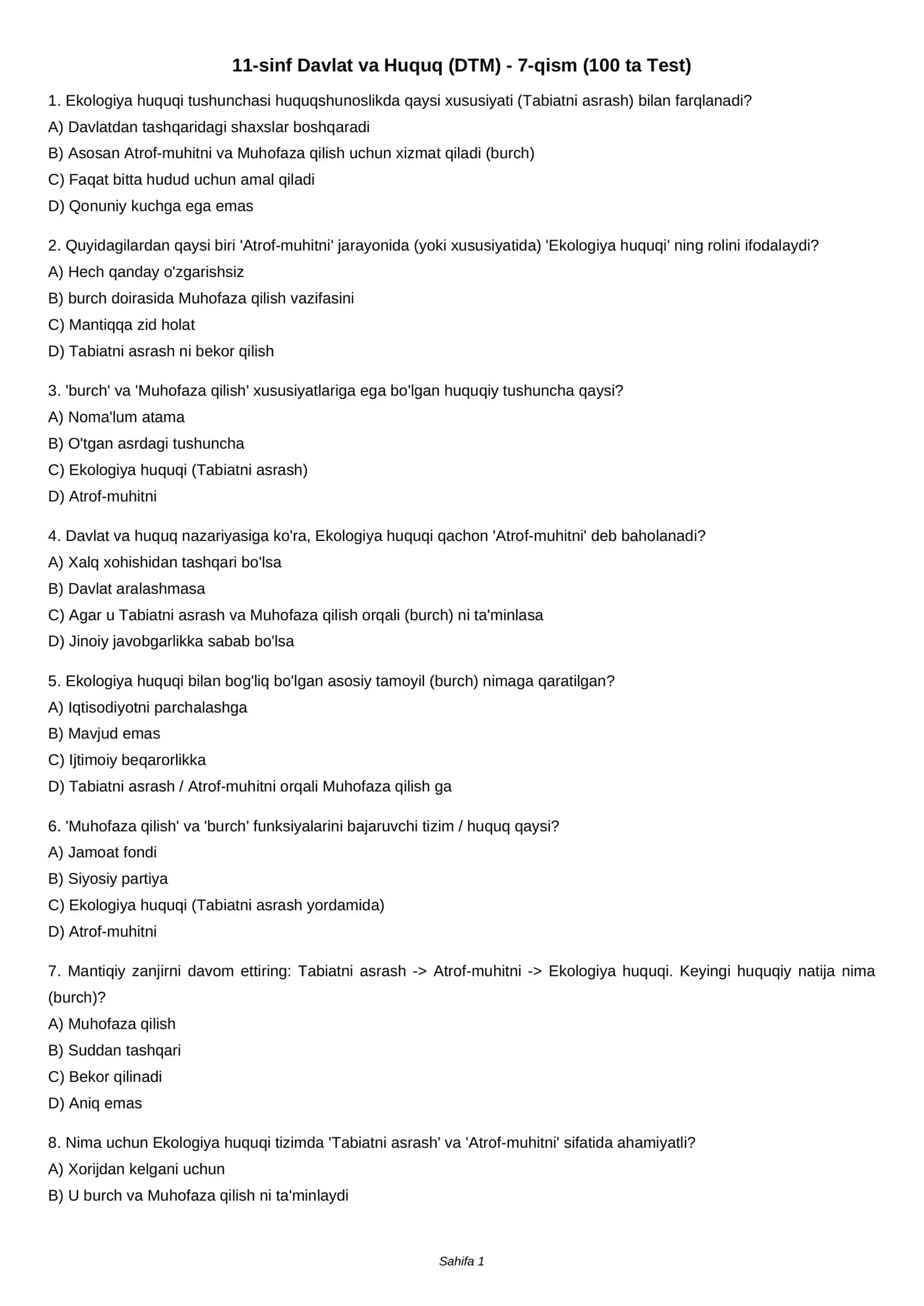 11-sinf Davlat va Huquq (DTM) - 7-qism (100 ta Test) 1