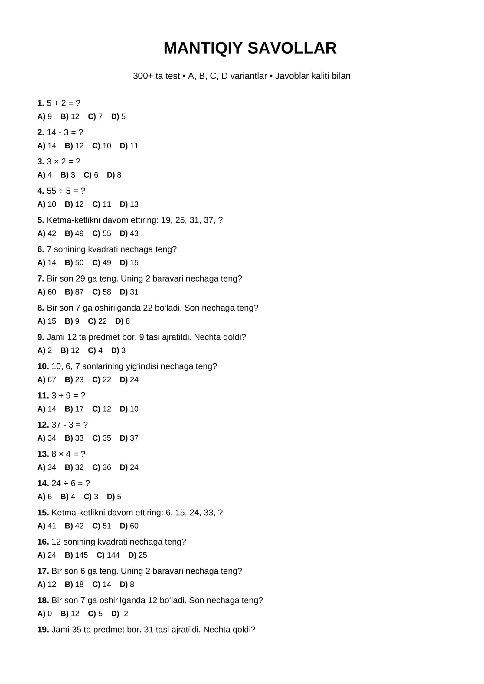 🧠 Mantiqiy savollar — 300+ ta test | PDF 1