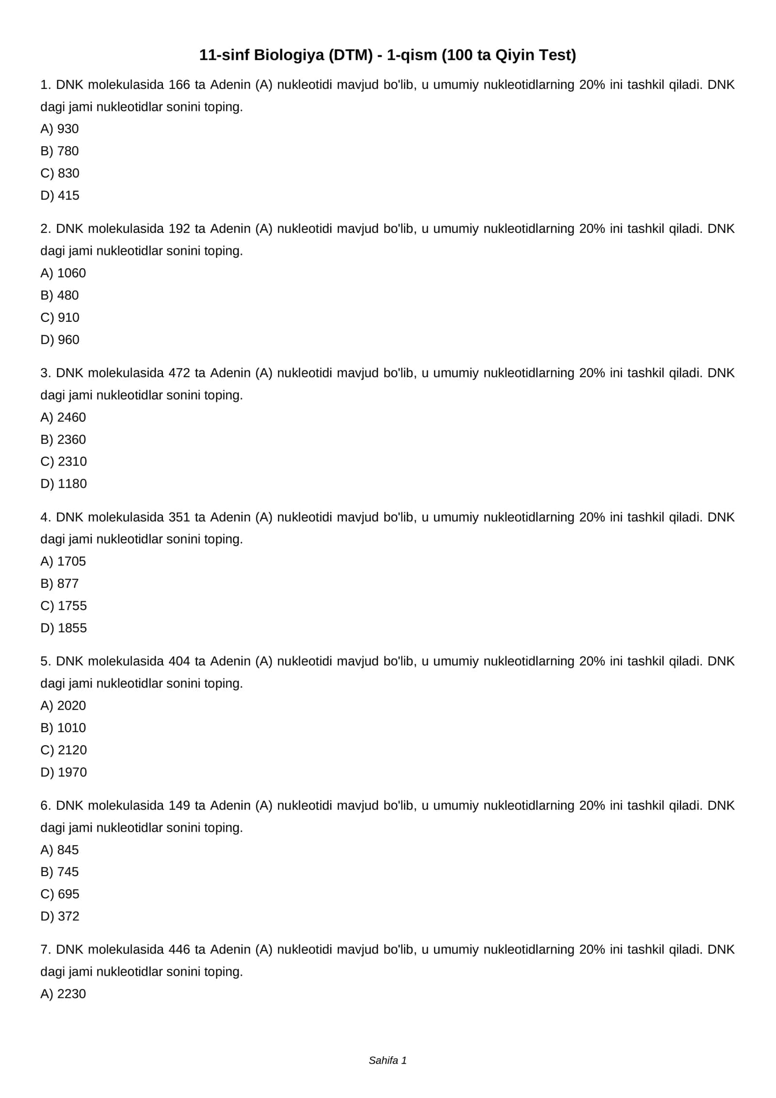 11-sinf Biologiya (DTM) - 1-qism (100 ta Qiyin Test) 1
