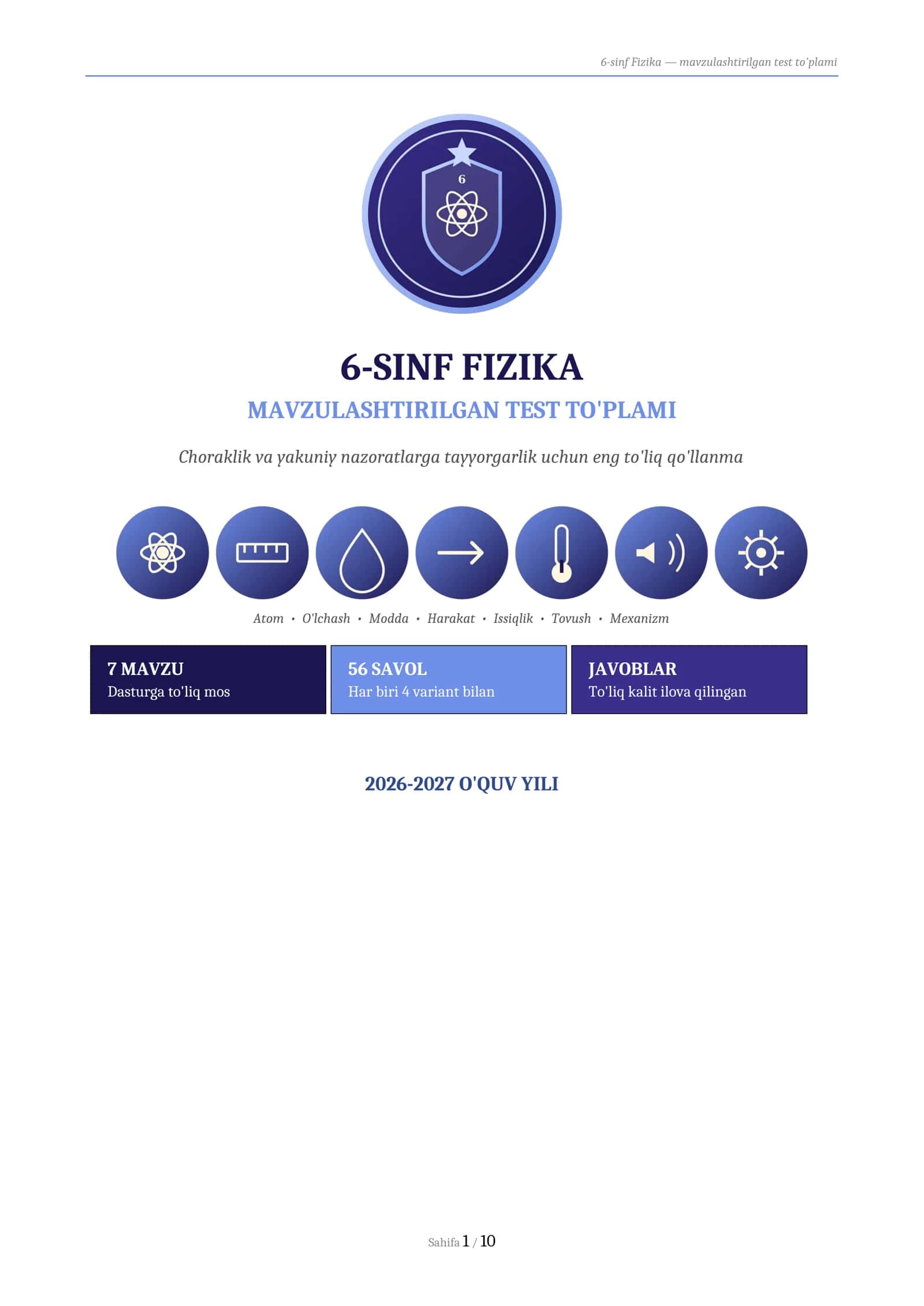 6-sinf Fizika testlari 1