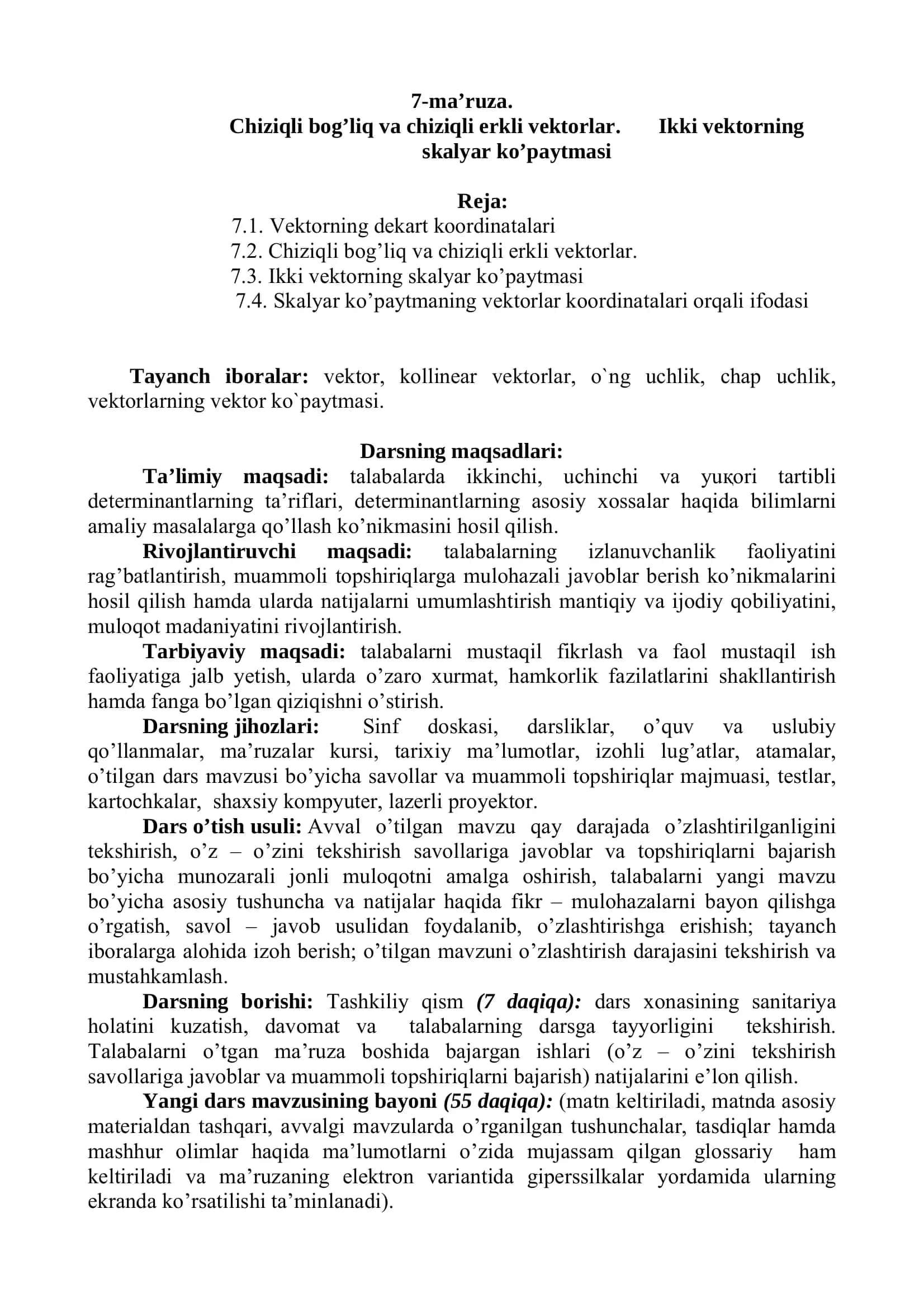 Oliy matematika: chiziqli bog‘liq vektorlar va skalyar ko‘paytma (PDF) 1