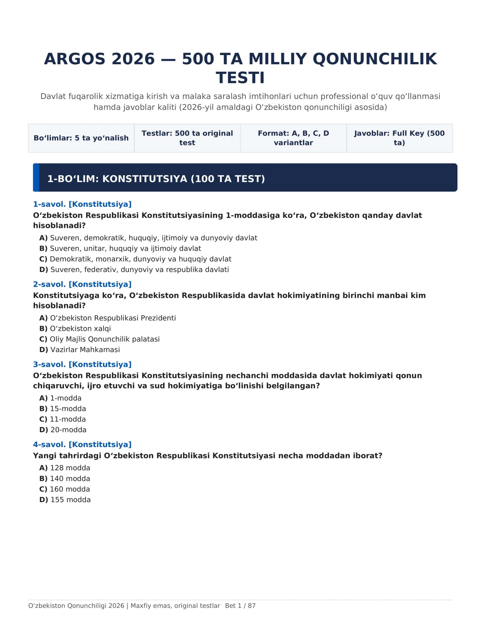 ARGOS 2026 — 500 TA MILLIY QONUNCHILIK TESTI | Javoblar bilan 1