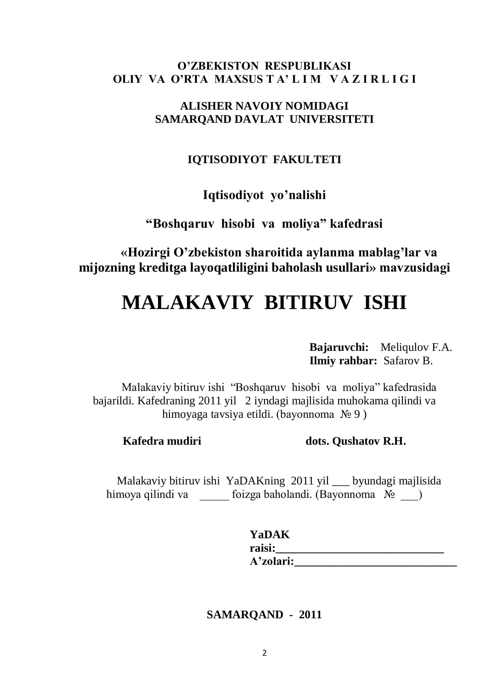 Aylanma mablag’lar va mijozning kreditga layoqatliligini baholash usullari 1