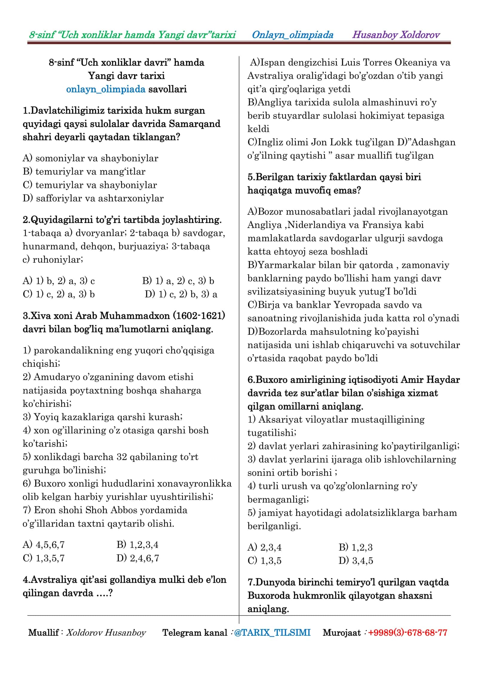8-sinf “Uch xonliklar davri” hamda Yangi davr tarixi onlayn_olimpiada 1