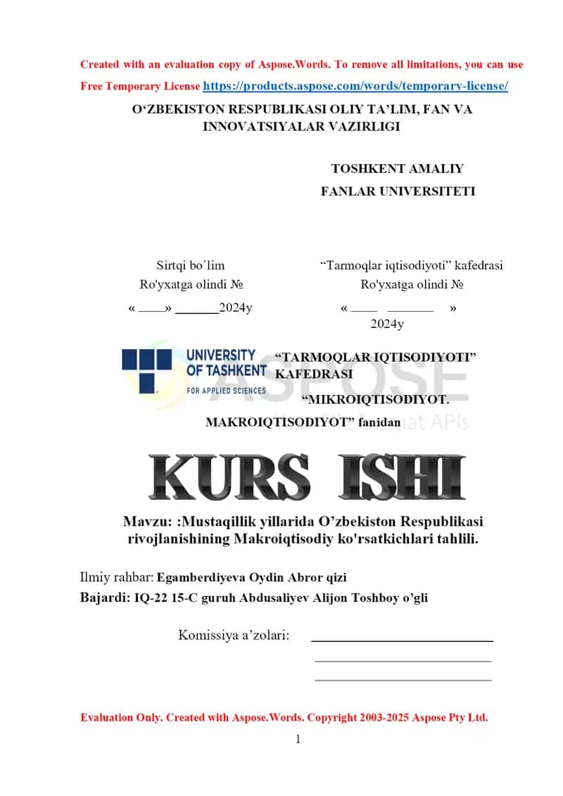 Mustaqillik yillarda O'zbekiston Respublikasi rivojlanishi makroiqtisodiyot 1