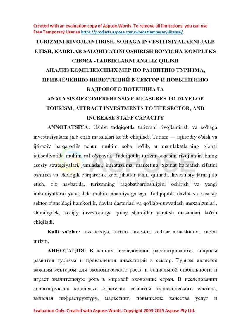 Turizmni rivojlantirish, soha investitsiyalarini jalb etish, kadrlar salohiyatini oshirish bo‘yicha kompleks chora-tadbirlarni analiz qilish 1