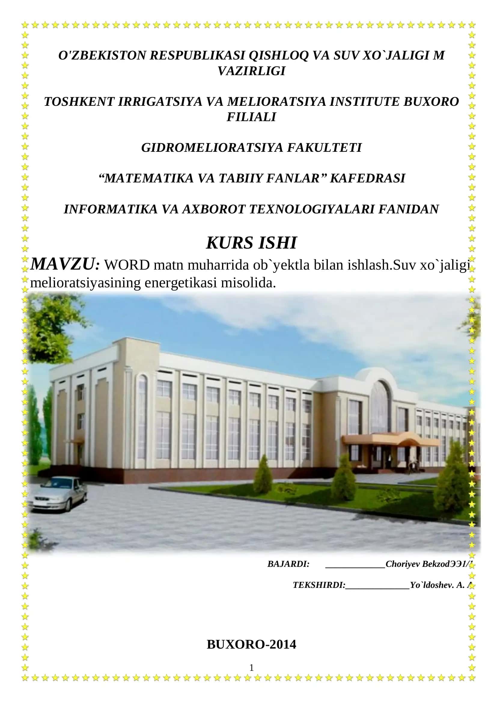 Kurs ishi "WORD matn muharrida ob`yektla bilan ishlash. Suv xo`jaligi melioratsiyasining energetikasi misolida" 1