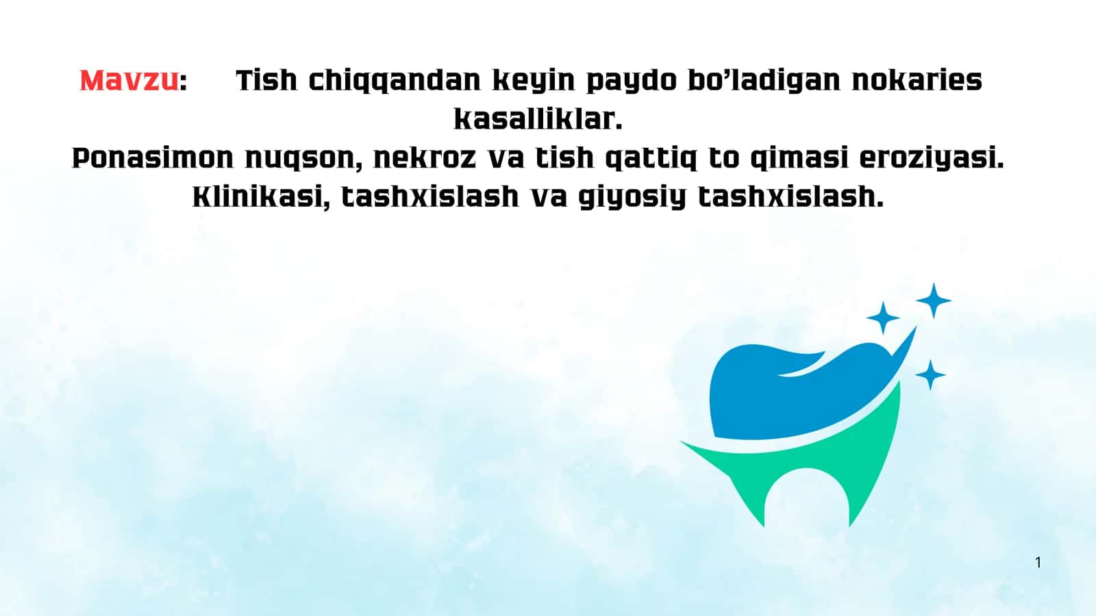 Tish chiqqandan keyin paydo bo‘ladigan nokaries kasalliklar. Ponasimon nuqson, nekroz va tish qattiq to‘qimasi eroziyasi. Klinikasi, tashxislash va qiyosiy tashxislash. 1