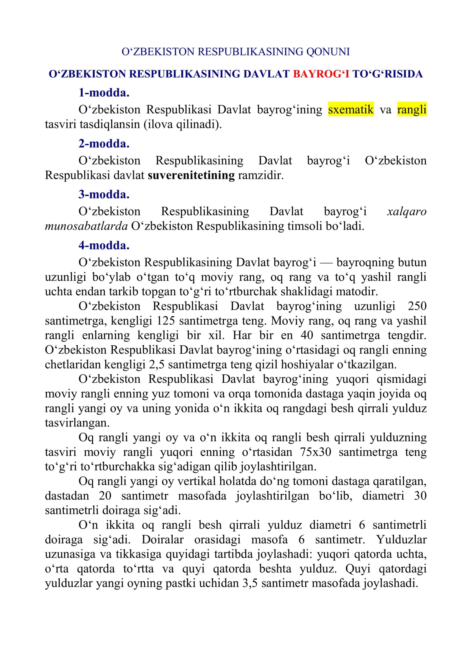 Qo'llanma (Davlat bayrog'i tog'risidagi qonun asosida) 1
