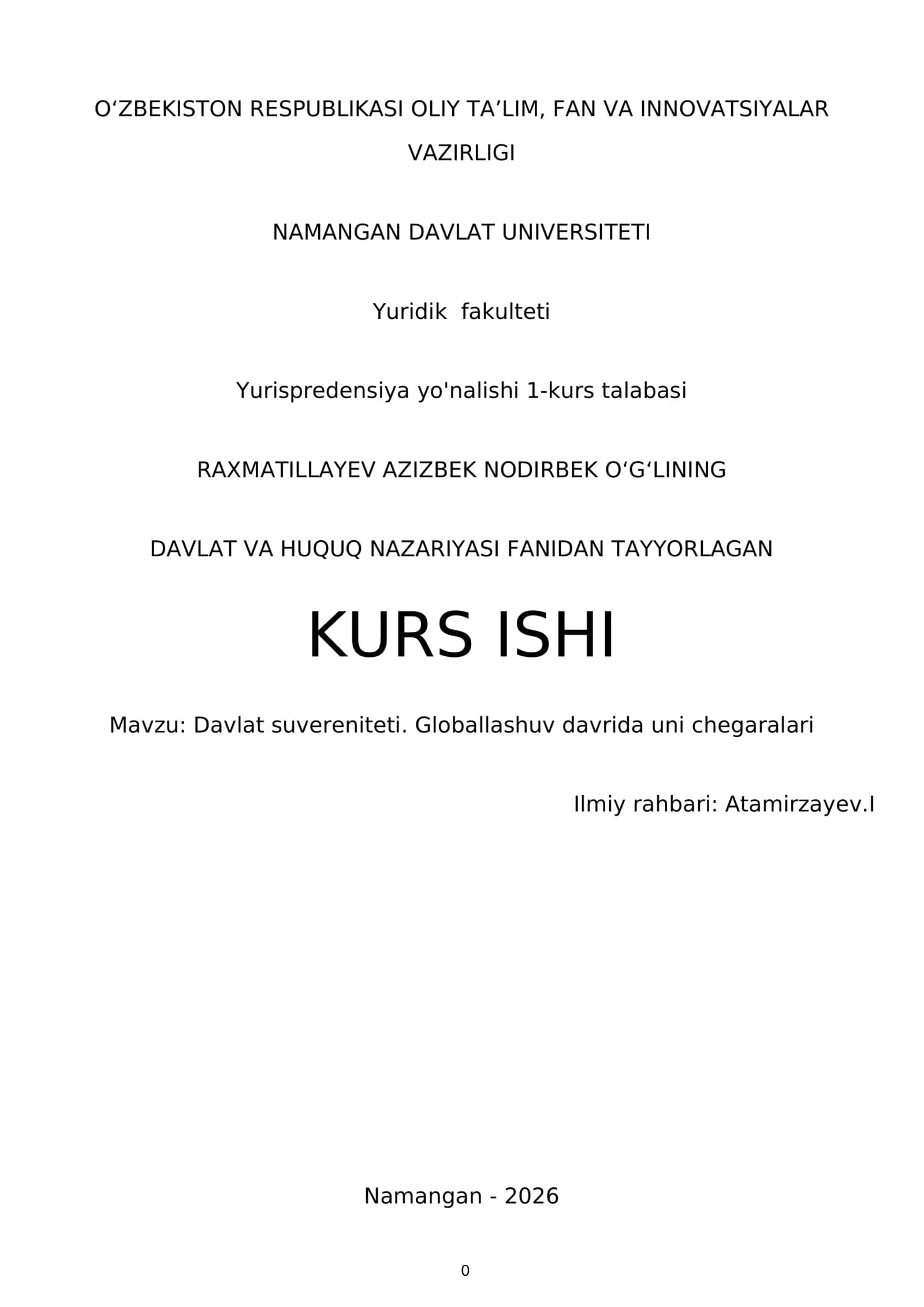 DAVLAT VA HUQUQ NAZARIYASI FANIDAN TAYYORLAGAN KURS ISHI 1