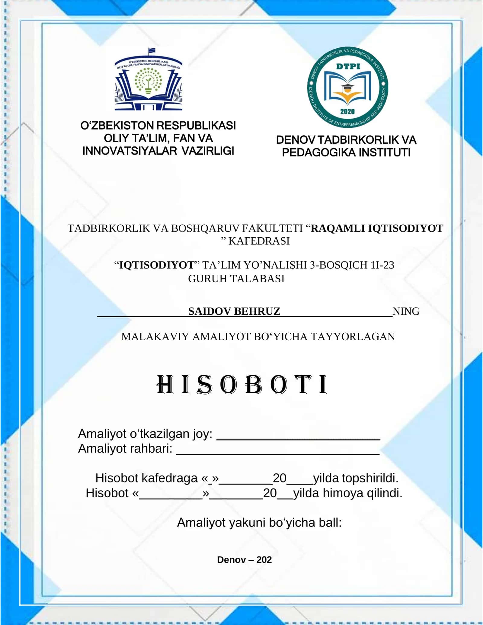 MADADI SINO DENOV MCHJ haqida umumiy ma’lumot hamada amalyot hisoboti 1