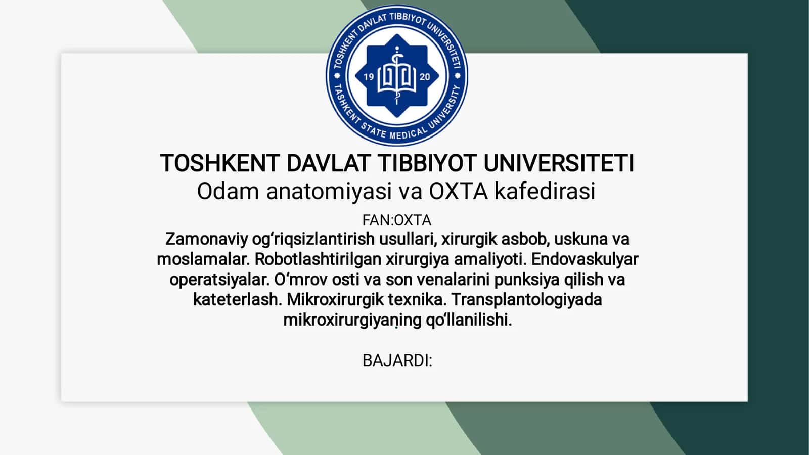 Odamlar anatomiyasi va OXTA tibbiyotiga kirish 1