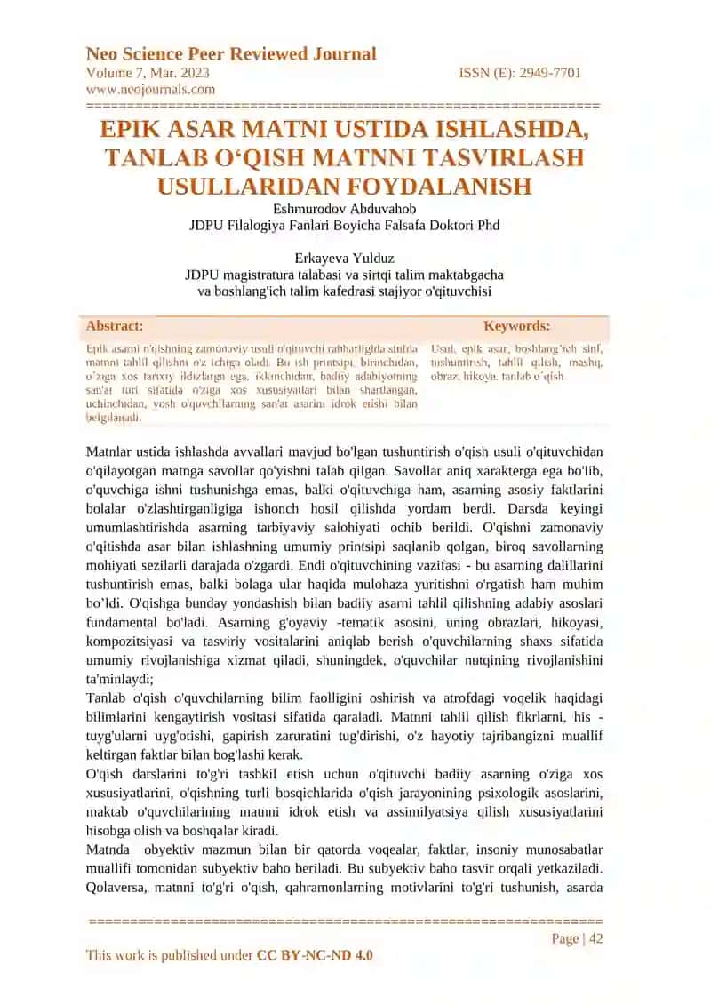EPIK ASAR MATNI USTIDA ISHLASHDA,  TANLAB O‘QISH MATNNI TASVIRLASH  USULLARIDAN FOYDALANISH