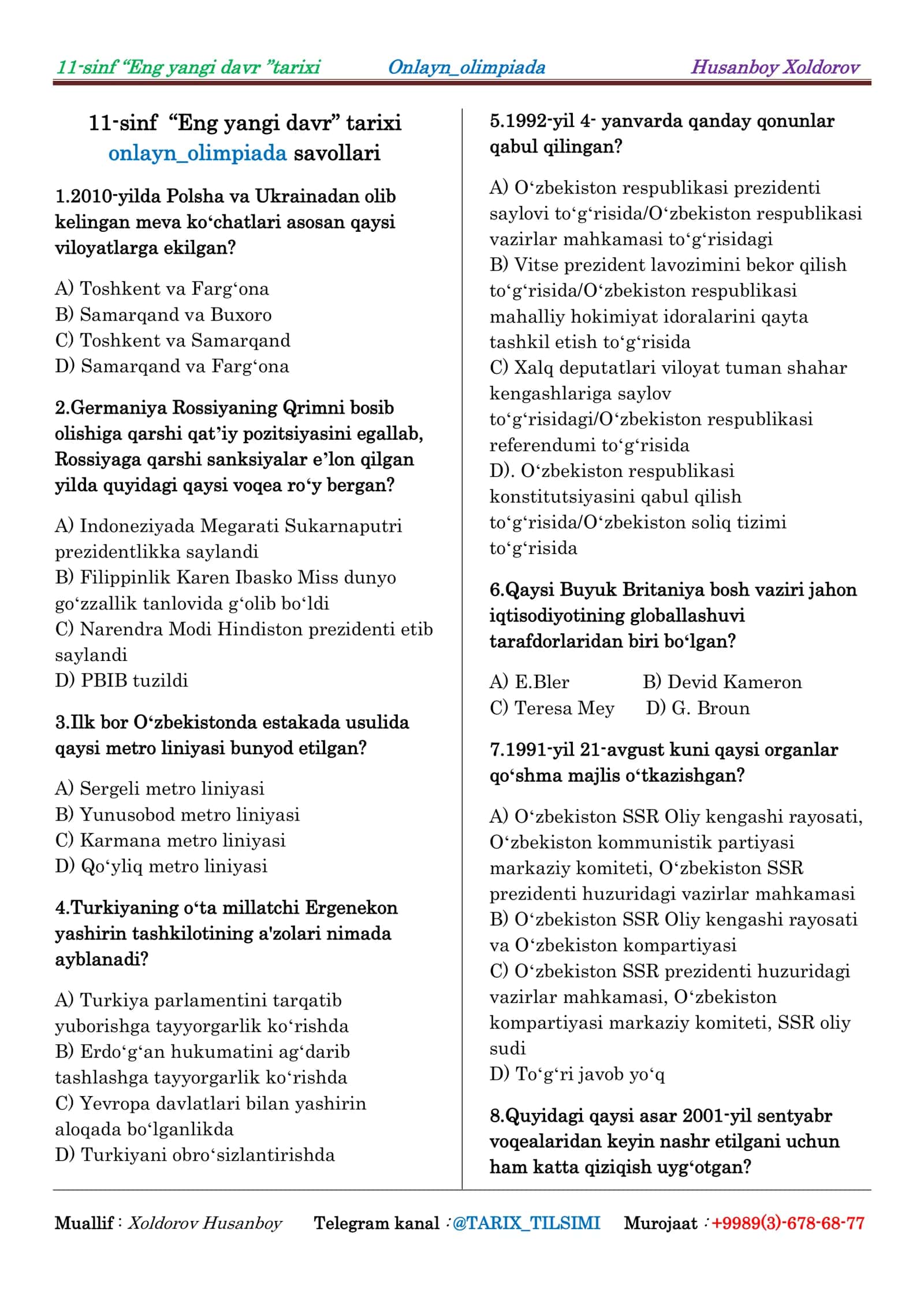 11-sinf “Eng yangi davr ”tarixi Onlayn_olimpiada Husanboy Xoldorov 1