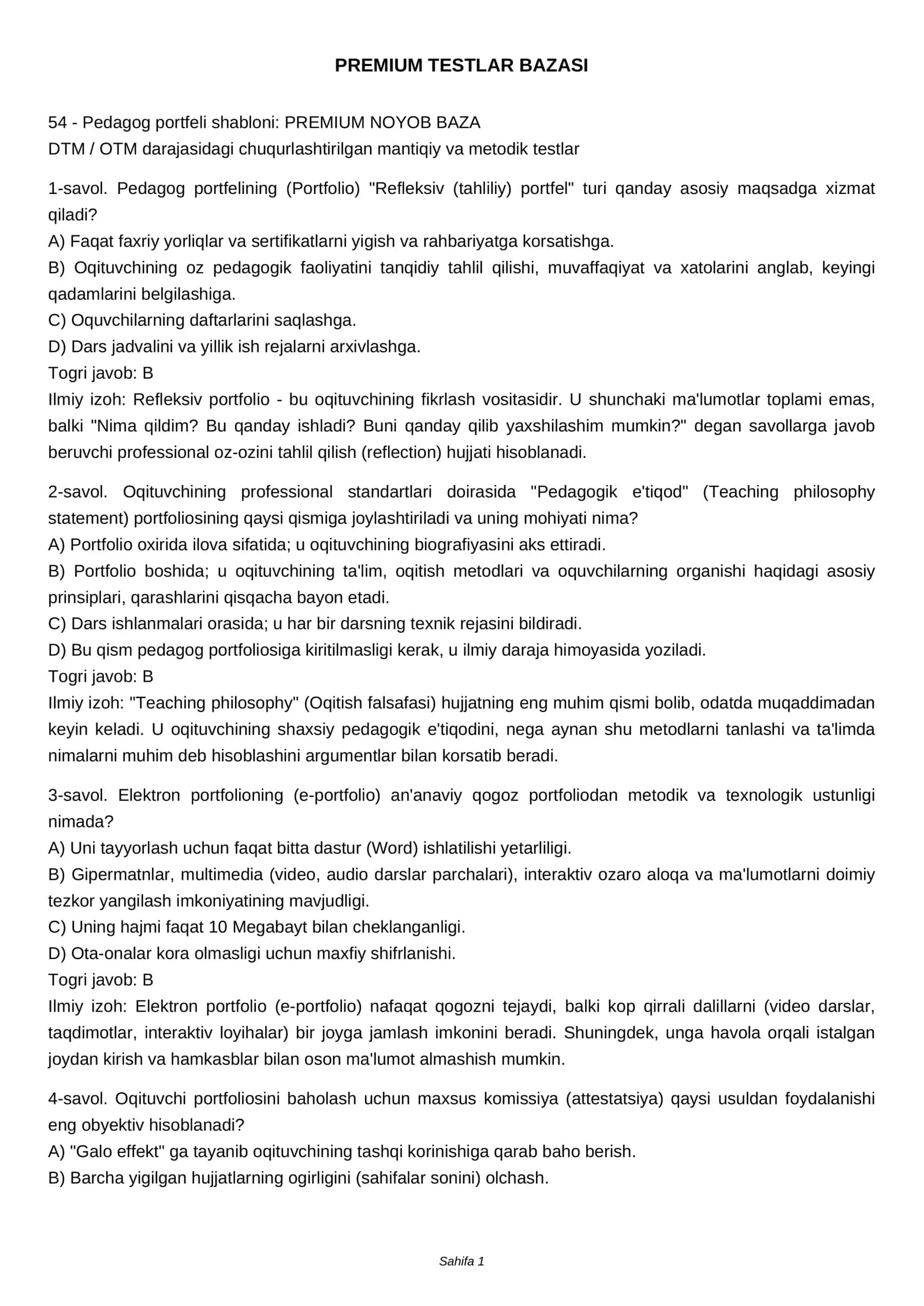Pedagog portfeli shabloni: PREMIUM NOYOB BAZA 1